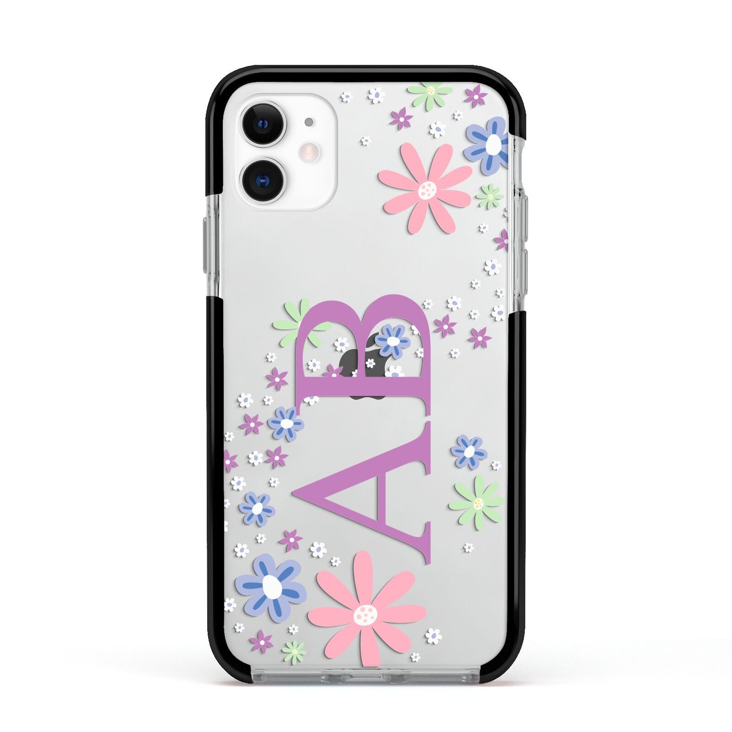 Personalised Floral Initials Apple iPhone 11 in White with Black Impact Case