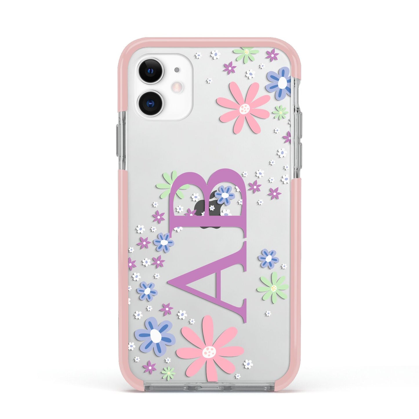 Personalised Floral Initials Apple iPhone 11 in White with Pink Impact Case