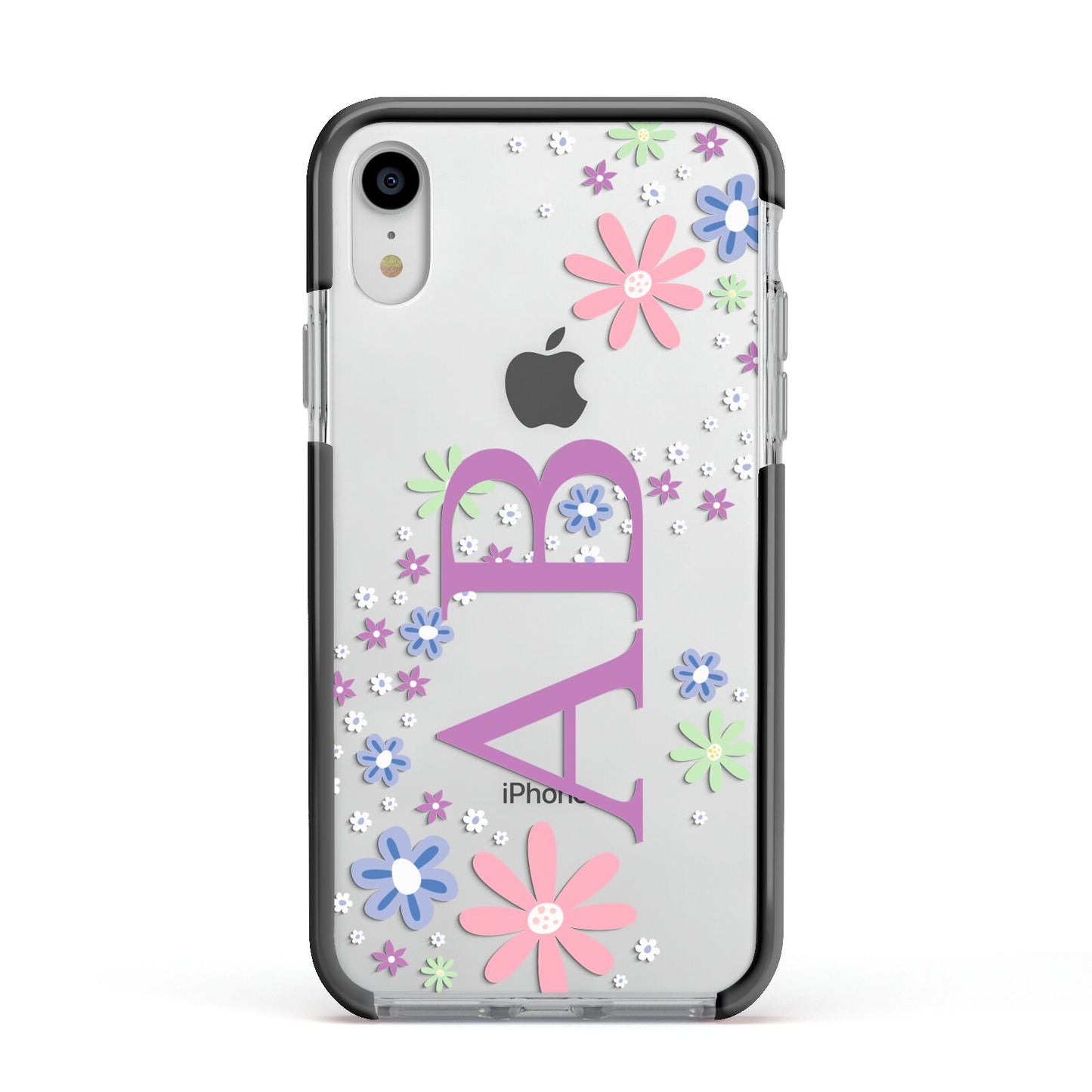 Personalised Floral Initials Apple iPhone XR Impact Case Black Edge on Silver Phone