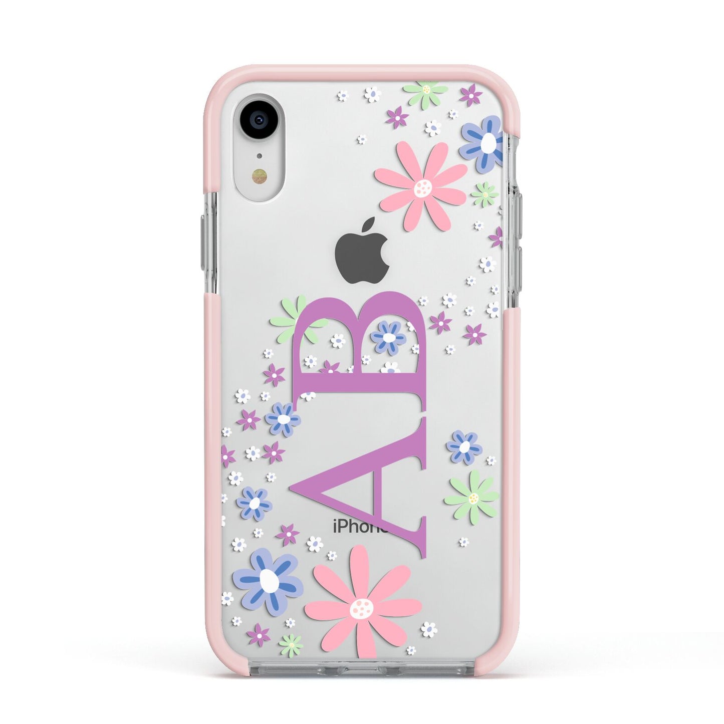 Personalised Floral Initials Apple iPhone XR Impact Case Pink Edge on Silver Phone