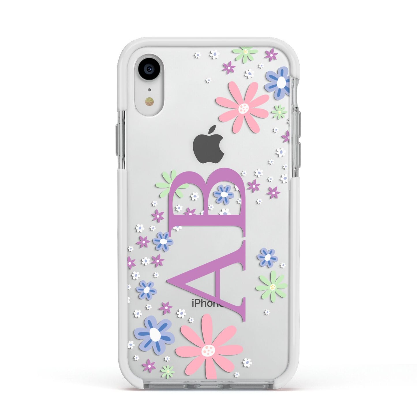 Personalised Floral Initials Apple iPhone XR Impact Case White Edge on Silver Phone