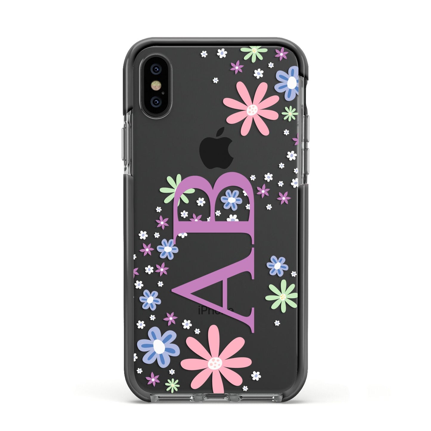 Personalised Floral Initials Apple iPhone Xs Impact Case Black Edge on Black Phone