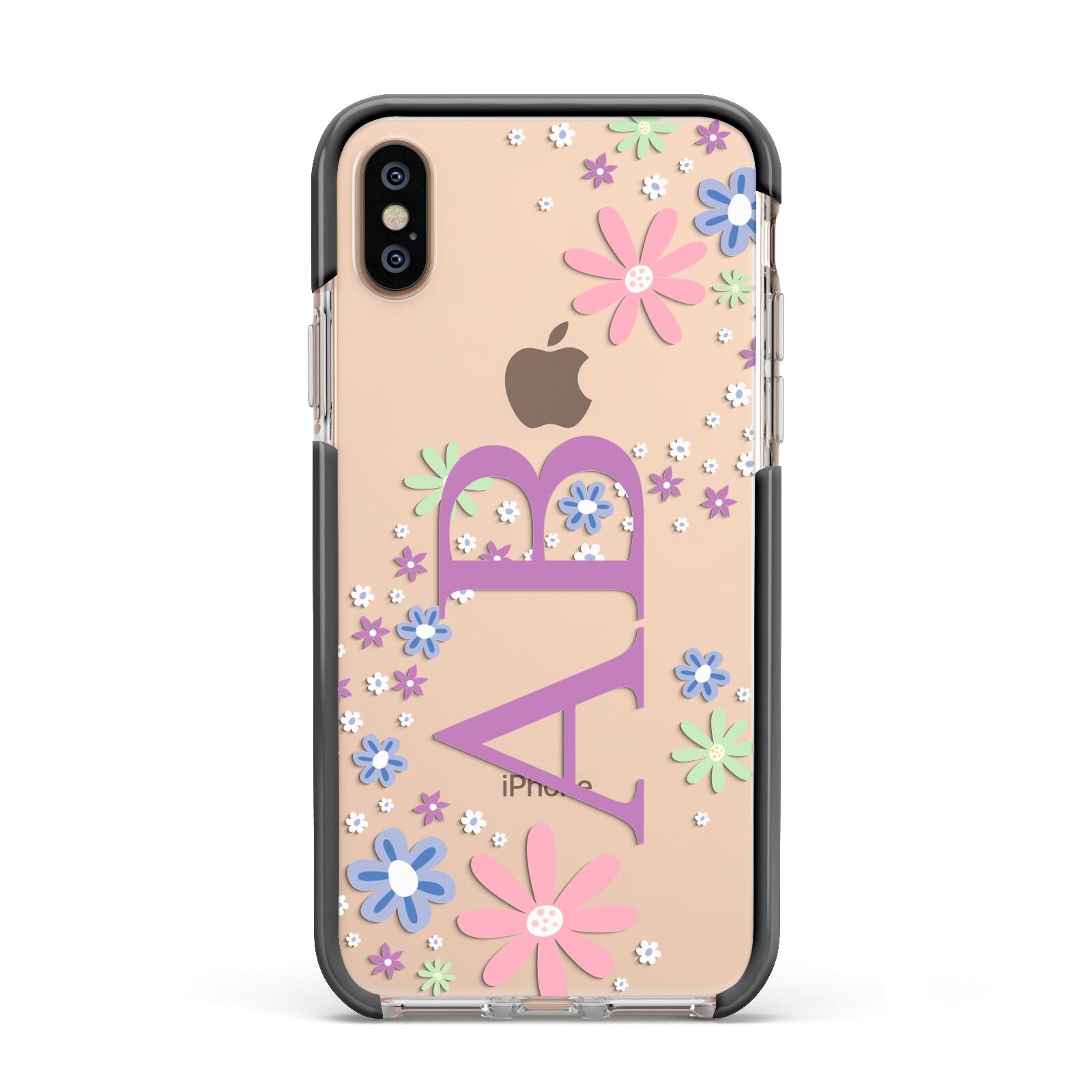 Personalised Floral Initials Apple iPhone Xs Impact Case Black Edge on Gold Phone