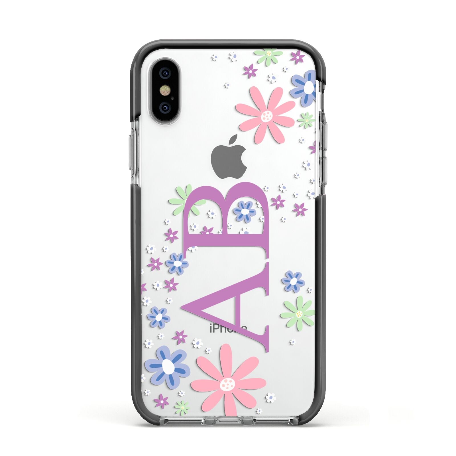 Personalised Floral Initials Apple iPhone Xs Impact Case Black Edge on Silver Phone