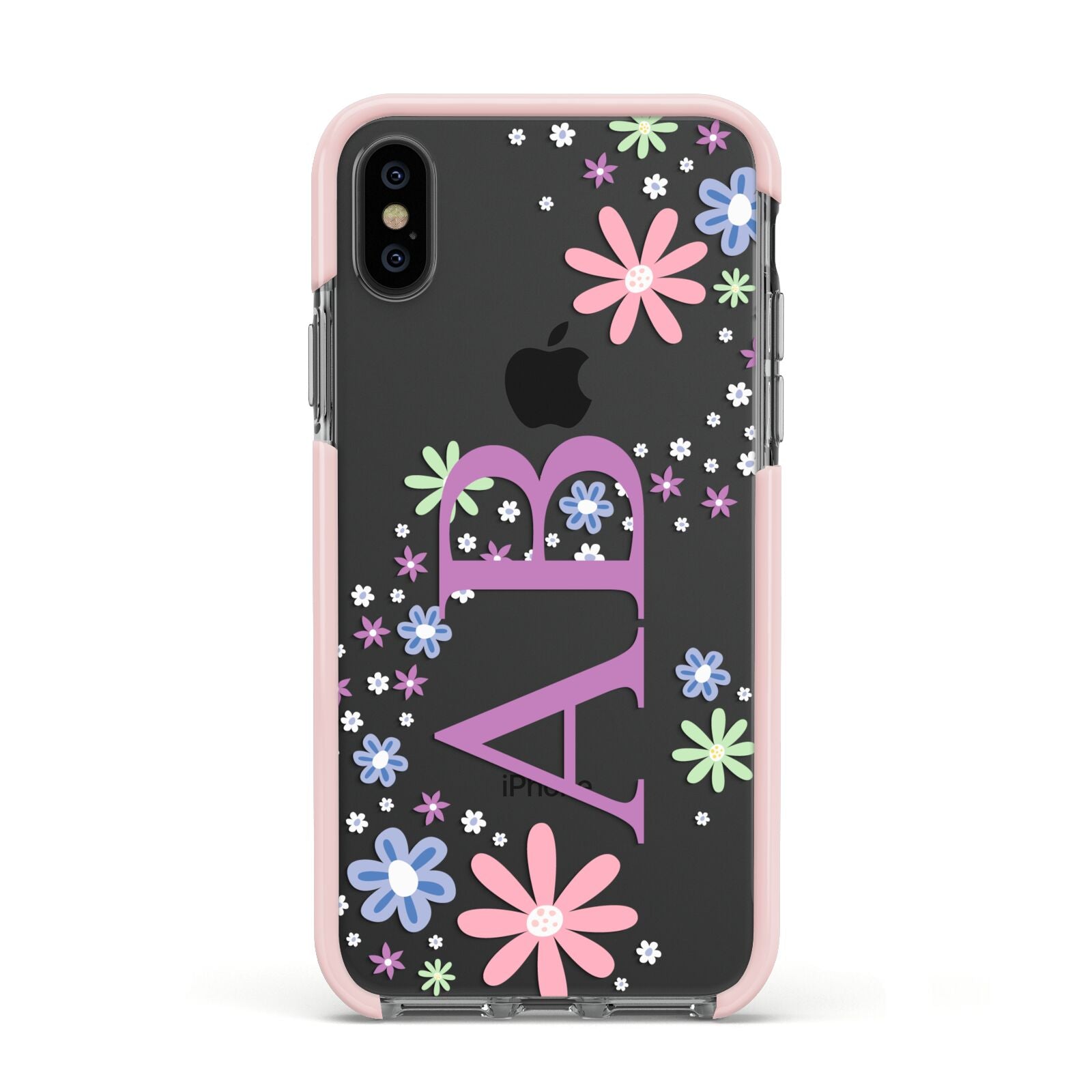 Personalised Floral Initials Apple iPhone Xs Impact Case Pink Edge on Black Phone