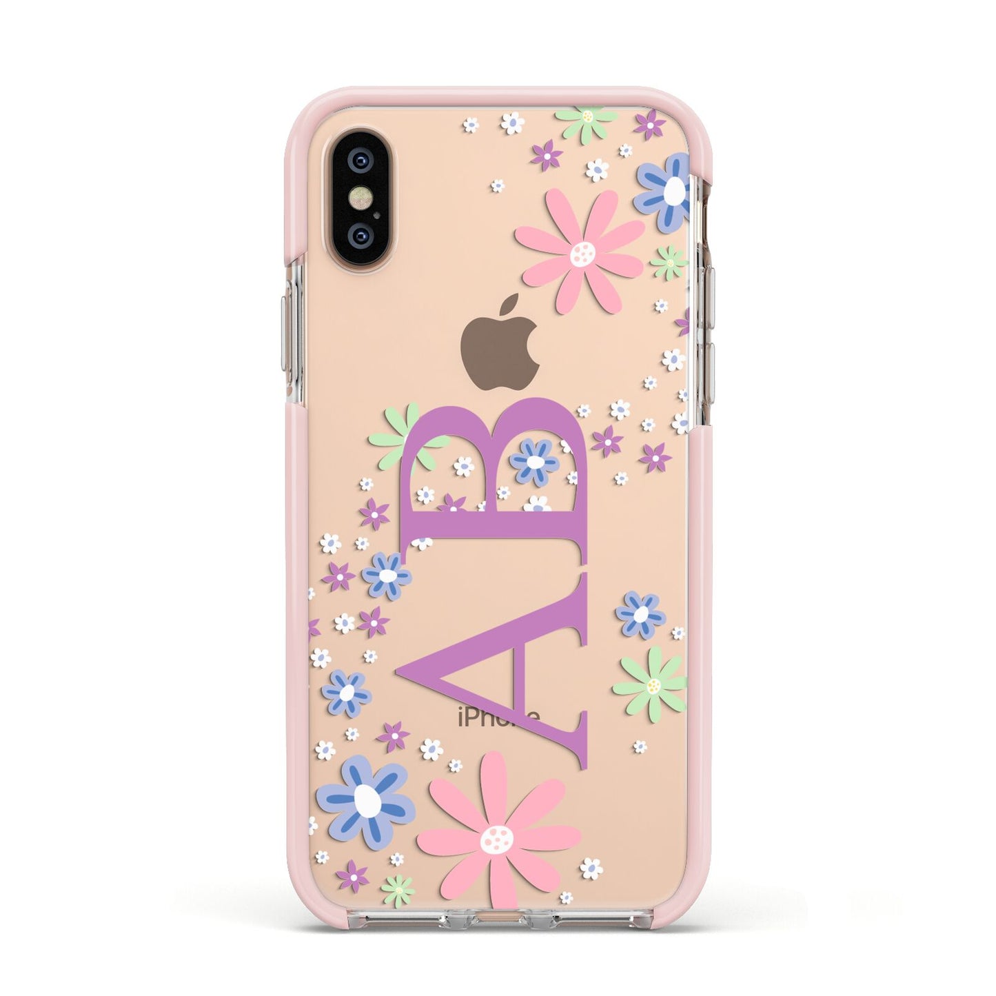 Personalised Floral Initials Apple iPhone Xs Impact Case Pink Edge on Gold Phone