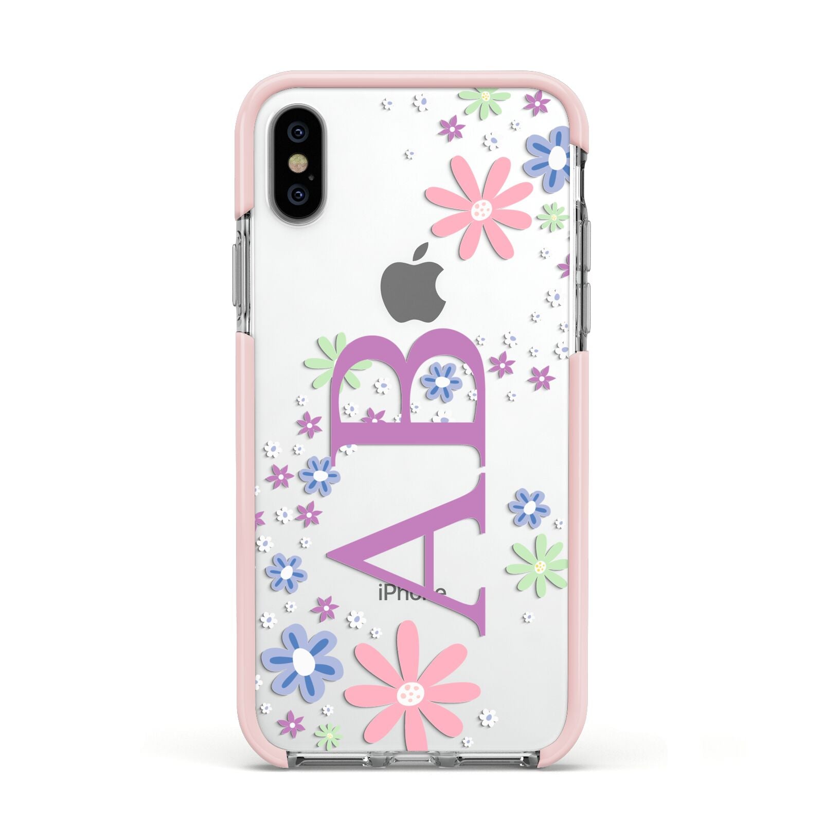 Personalised Floral Initials Apple iPhone Xs Impact Case Pink Edge on Silver Phone