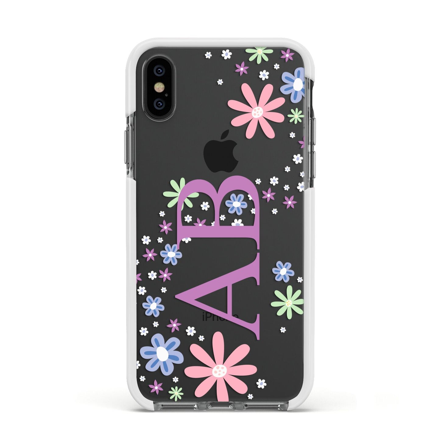 Personalised Floral Initials Apple iPhone Xs Impact Case White Edge on Black Phone