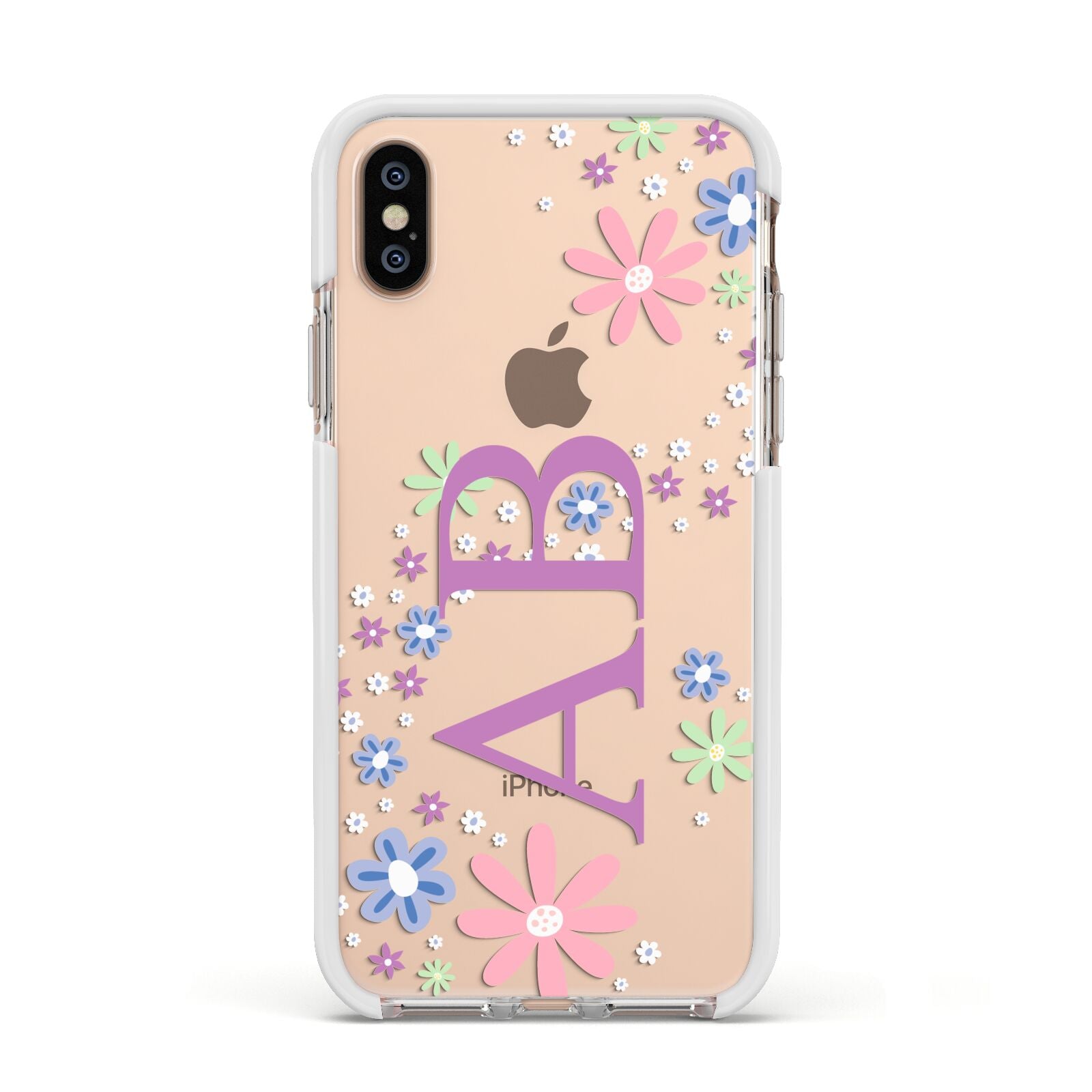 Personalised Floral Initials Apple iPhone Xs Impact Case White Edge on Gold Phone