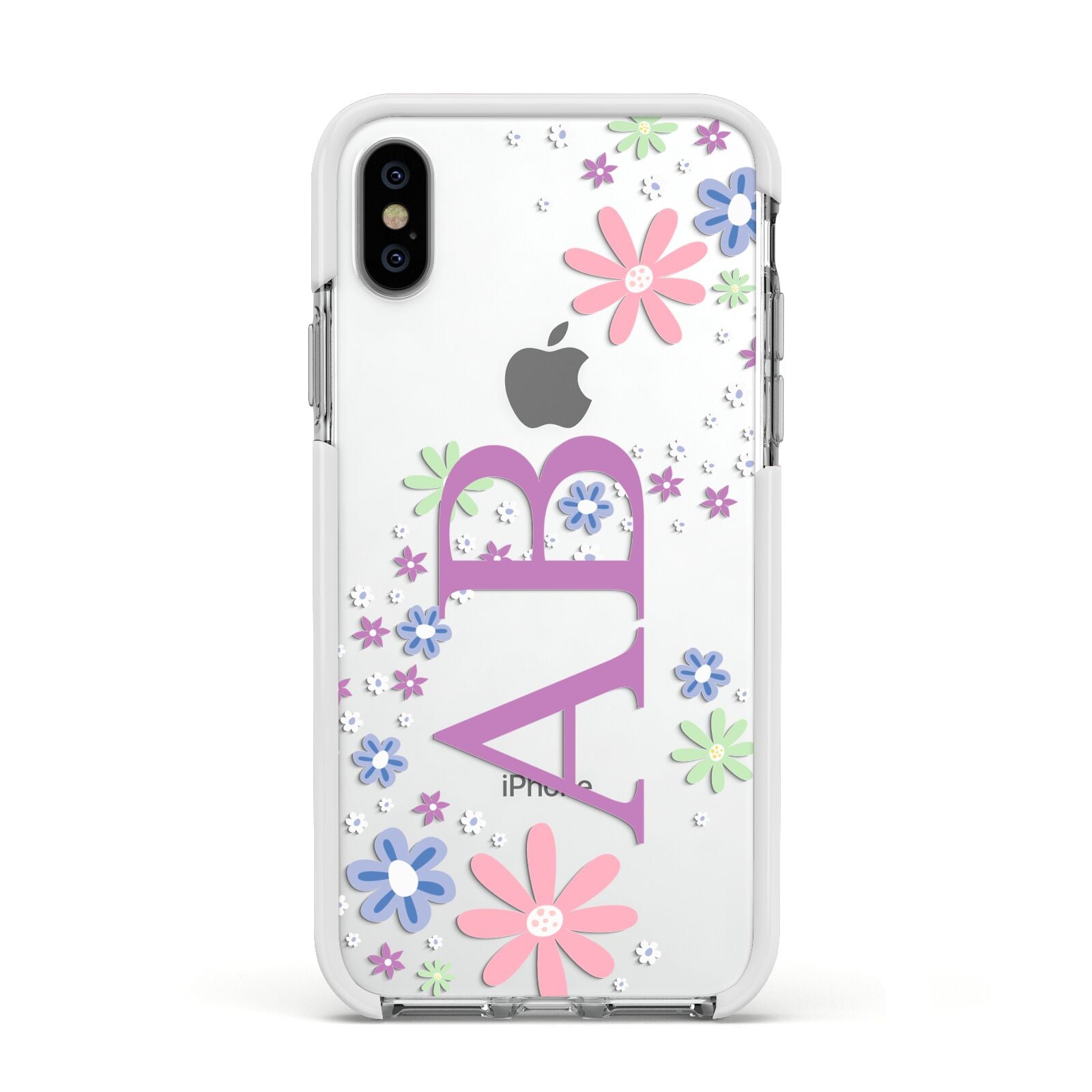 Personalised Floral Initials Apple iPhone Xs Impact Case White Edge on Silver Phone