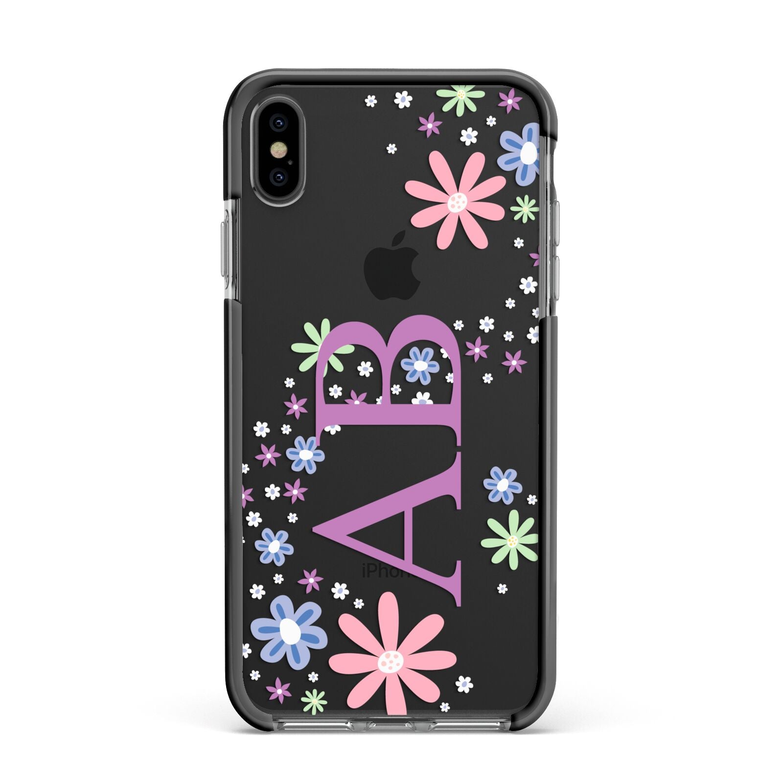 Personalised Floral Initials Apple iPhone Xs Max Impact Case Black Edge on Black Phone