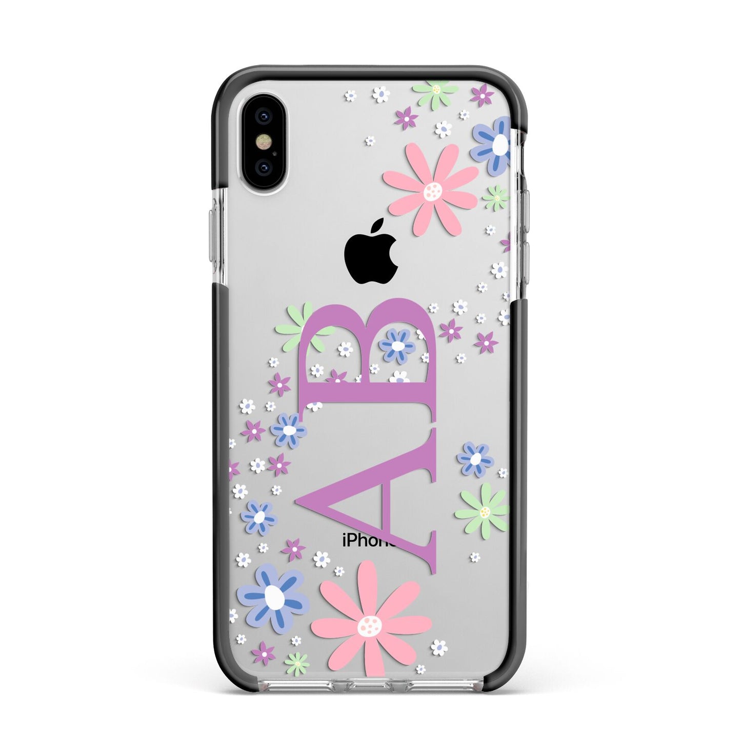 Personalised Floral Initials Apple iPhone Xs Max Impact Case Black Edge on Silver Phone