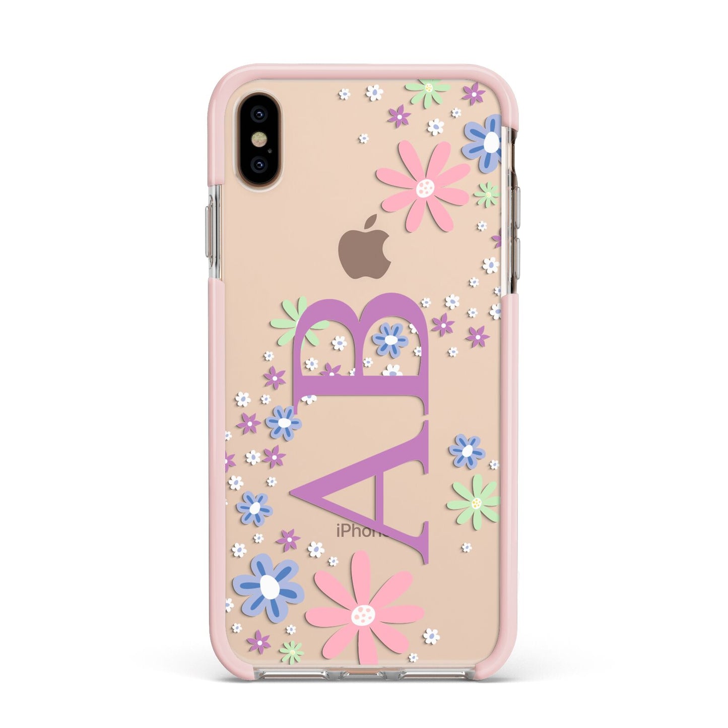 Personalised Floral Initials Apple iPhone Xs Max Impact Case Pink Edge on Gold Phone