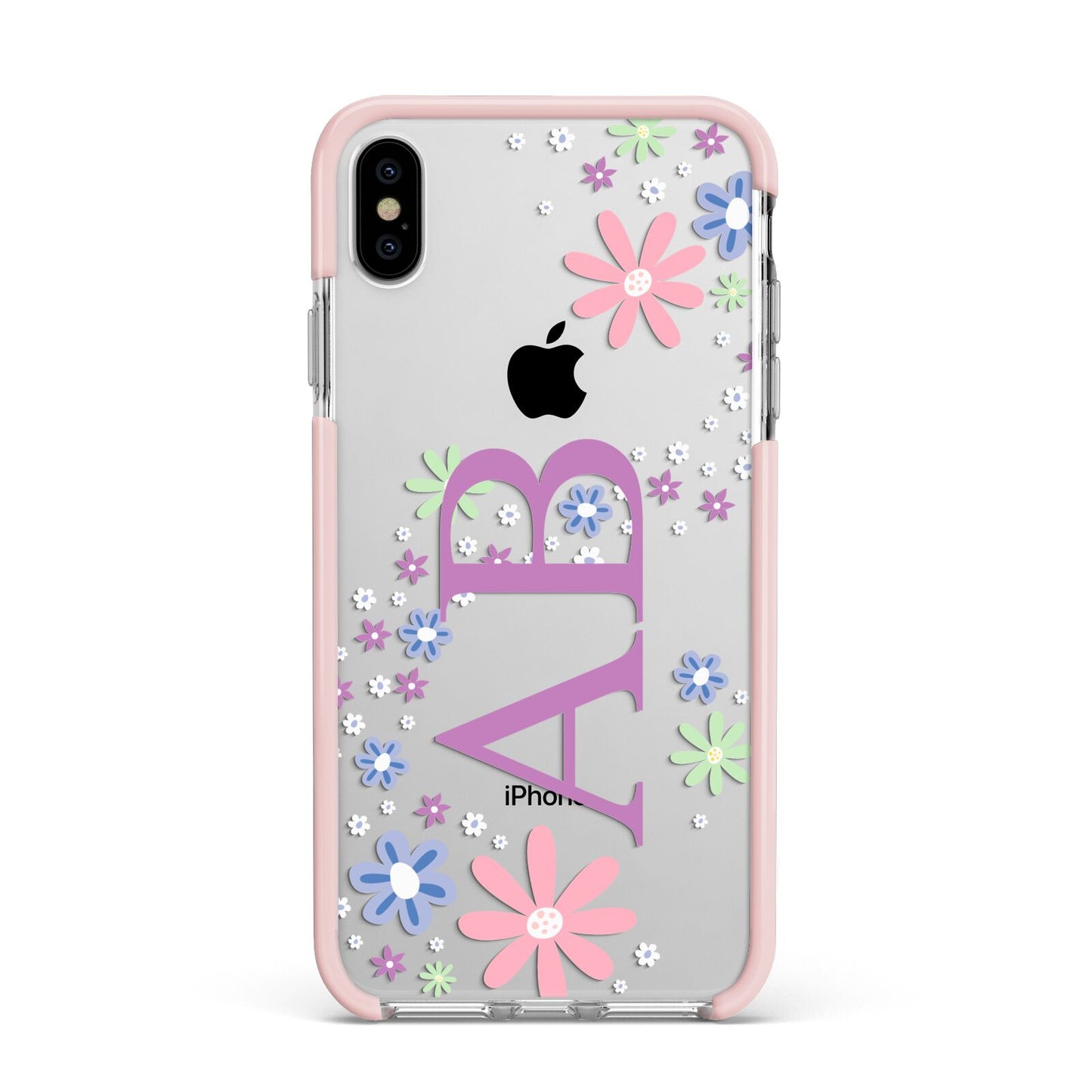 Personalised Floral Initials Apple iPhone Xs Max Impact Case Pink Edge on Silver Phone