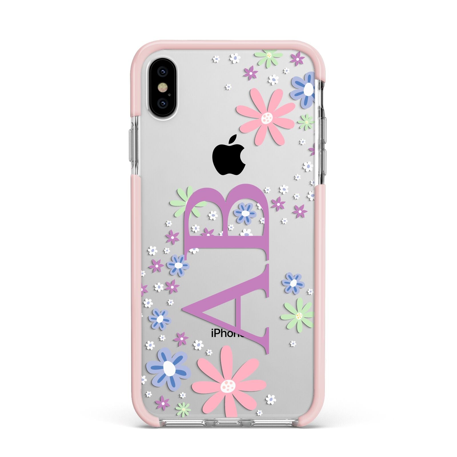 Personalised Floral Initials Apple iPhone Xs Max Impact Case Pink Edge on Silver Phone