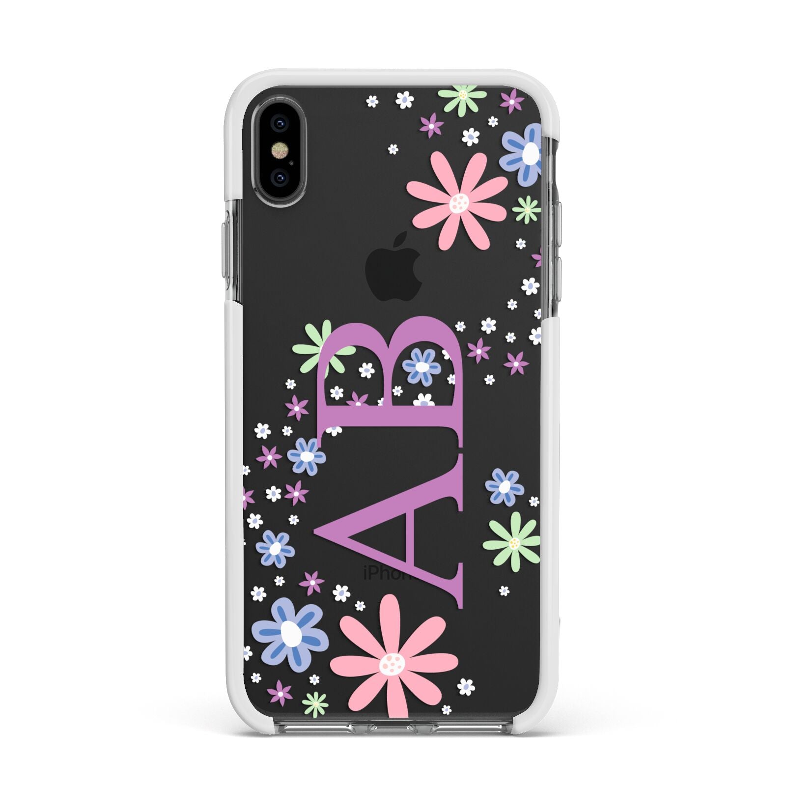 Personalised Floral Initials Apple iPhone Xs Max Impact Case White Edge on Black Phone