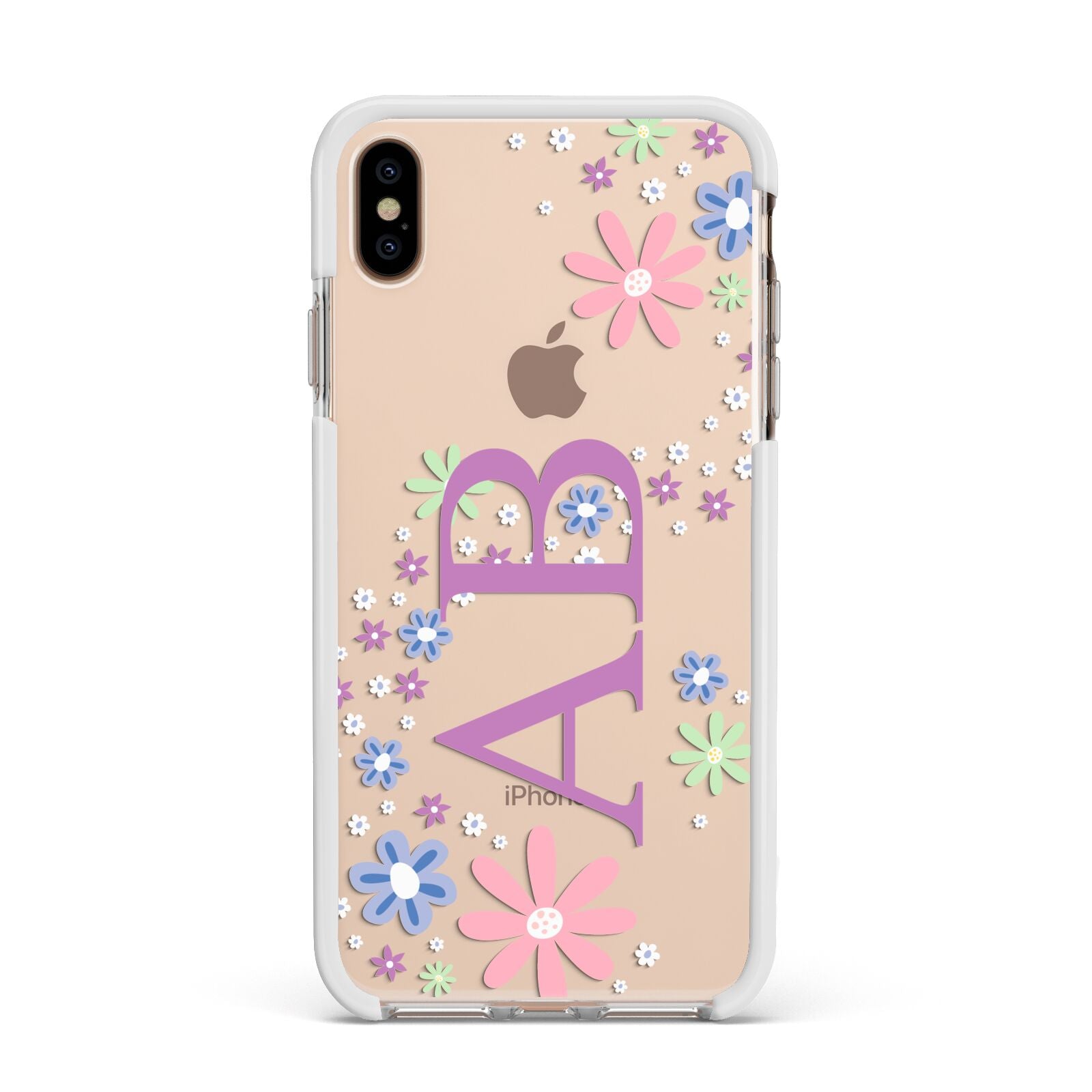 Personalised Floral Initials Apple iPhone Xs Max Impact Case White Edge on Gold Phone