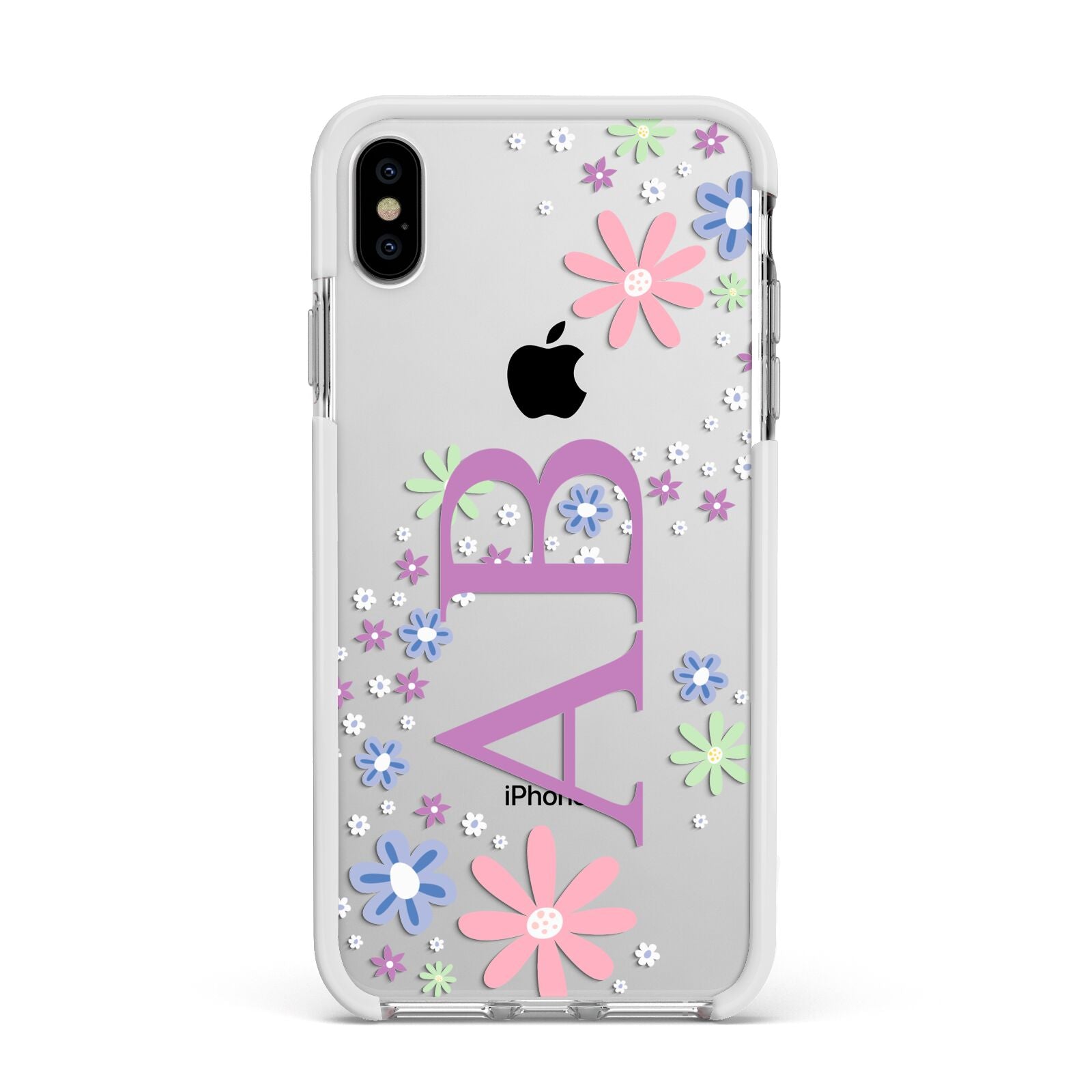 Personalised Floral Initials Apple iPhone Xs Max Impact Case White Edge on Silver Phone