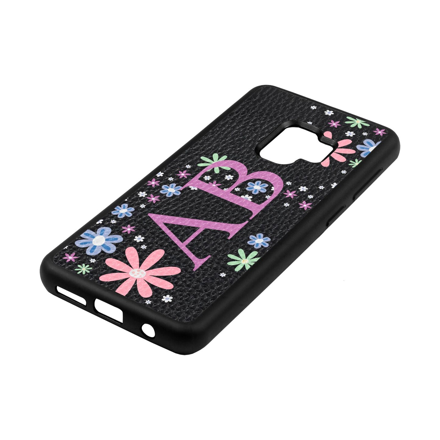 Personalised Floral Initials Black Pebble Leather Samsung S9 Case Side Angle