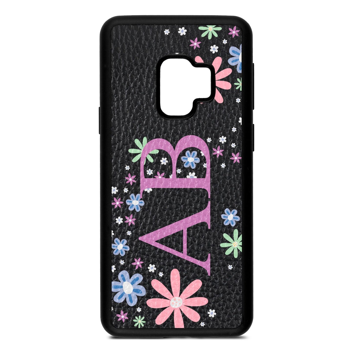 Personalised Floral Initials Black Pebble Leather Samsung S9 Case