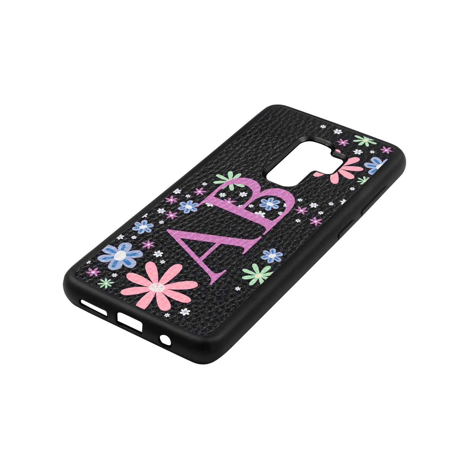 Personalised Floral Initials Black Pebble Leather Samsung S9 Plus Case Side Angle