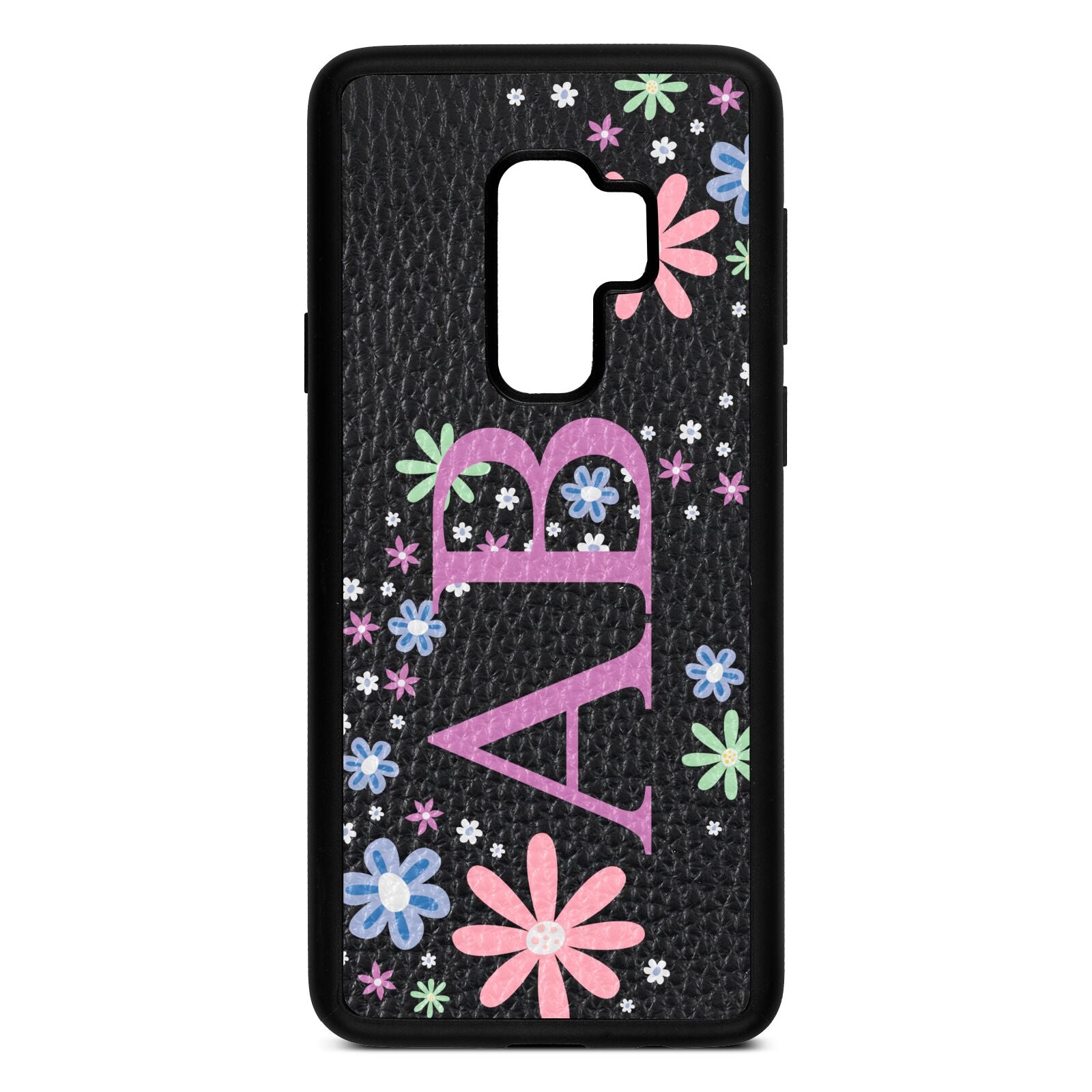 Personalised Floral Initials Black Pebble Leather Samsung S9 Plus Case