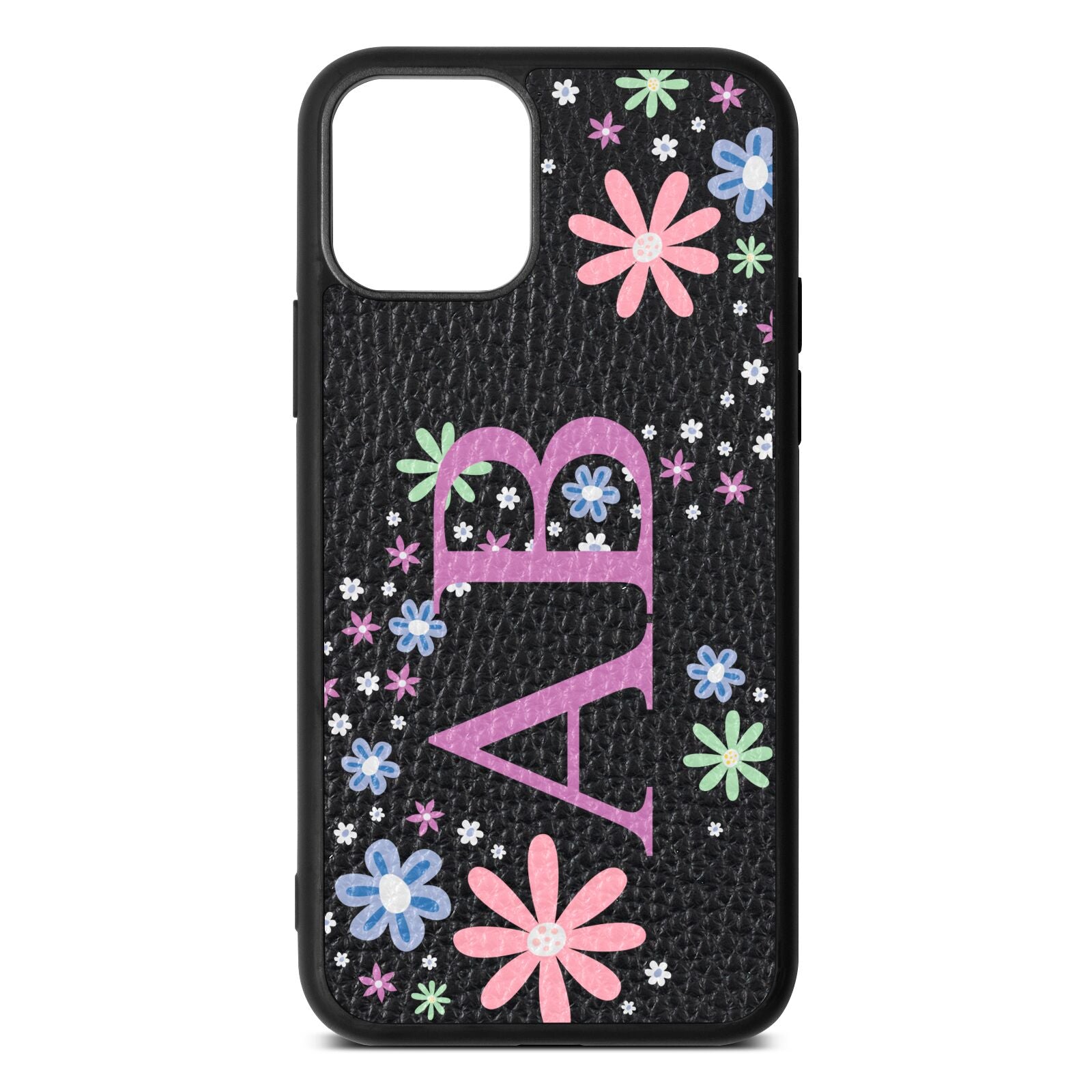 Personalised Floral Initials Black Pebble Leather iPhone 11 Pro Case