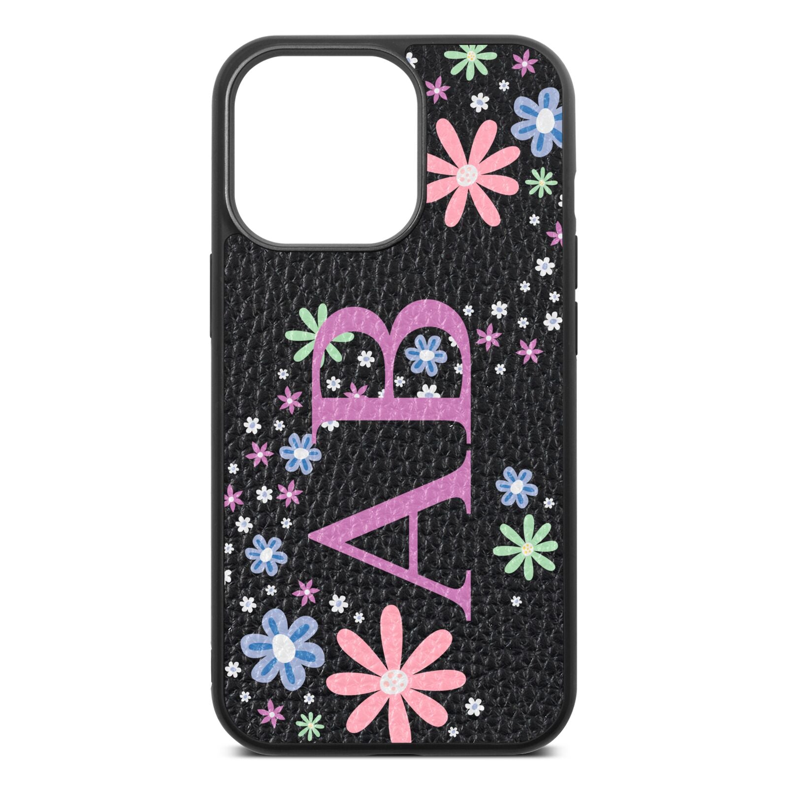 Personalised Floral Initials Black Pebble Leather iPhone 13 Pro Case