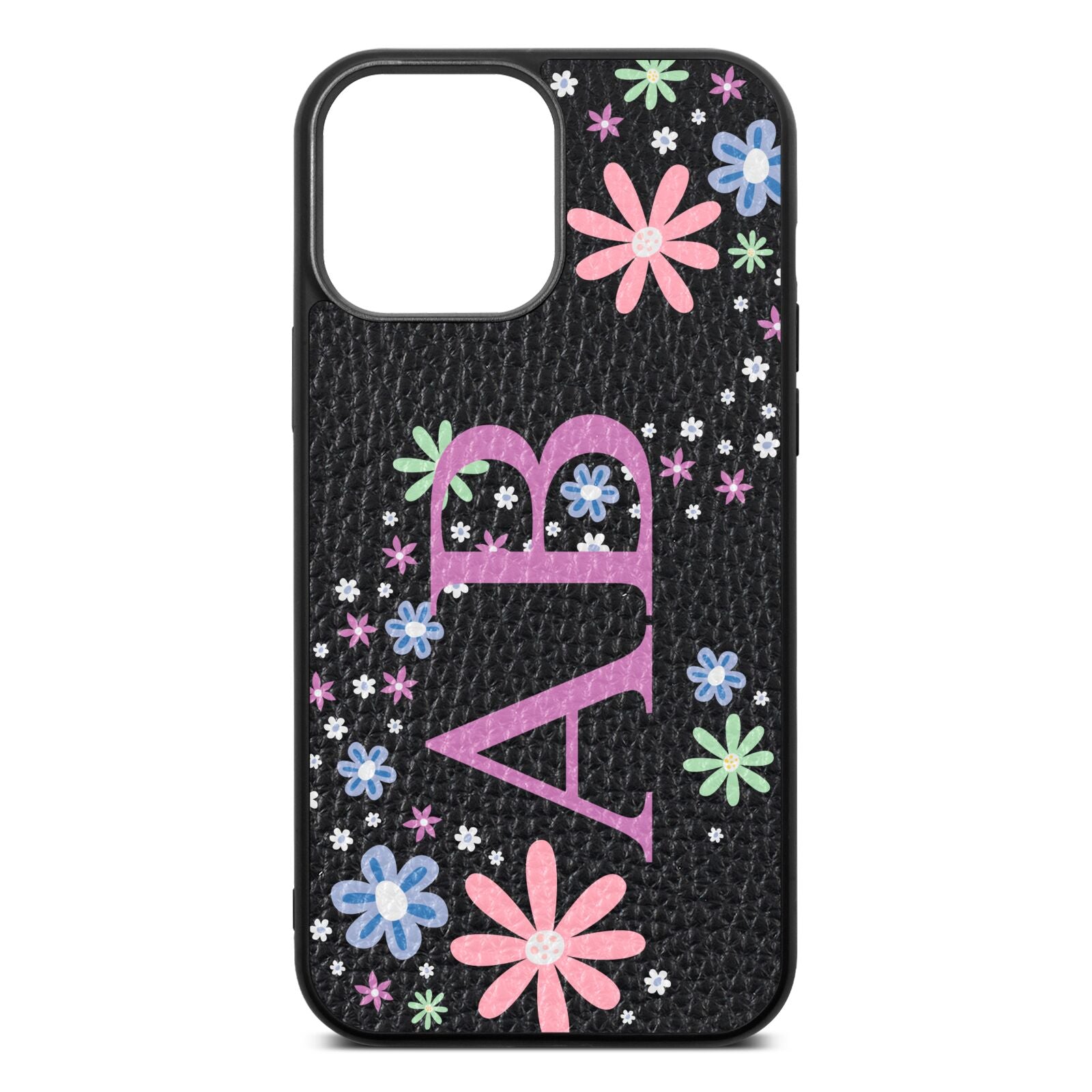 Personalised Floral Initials Black Pebble Leather iPhone 13 Pro Max Case