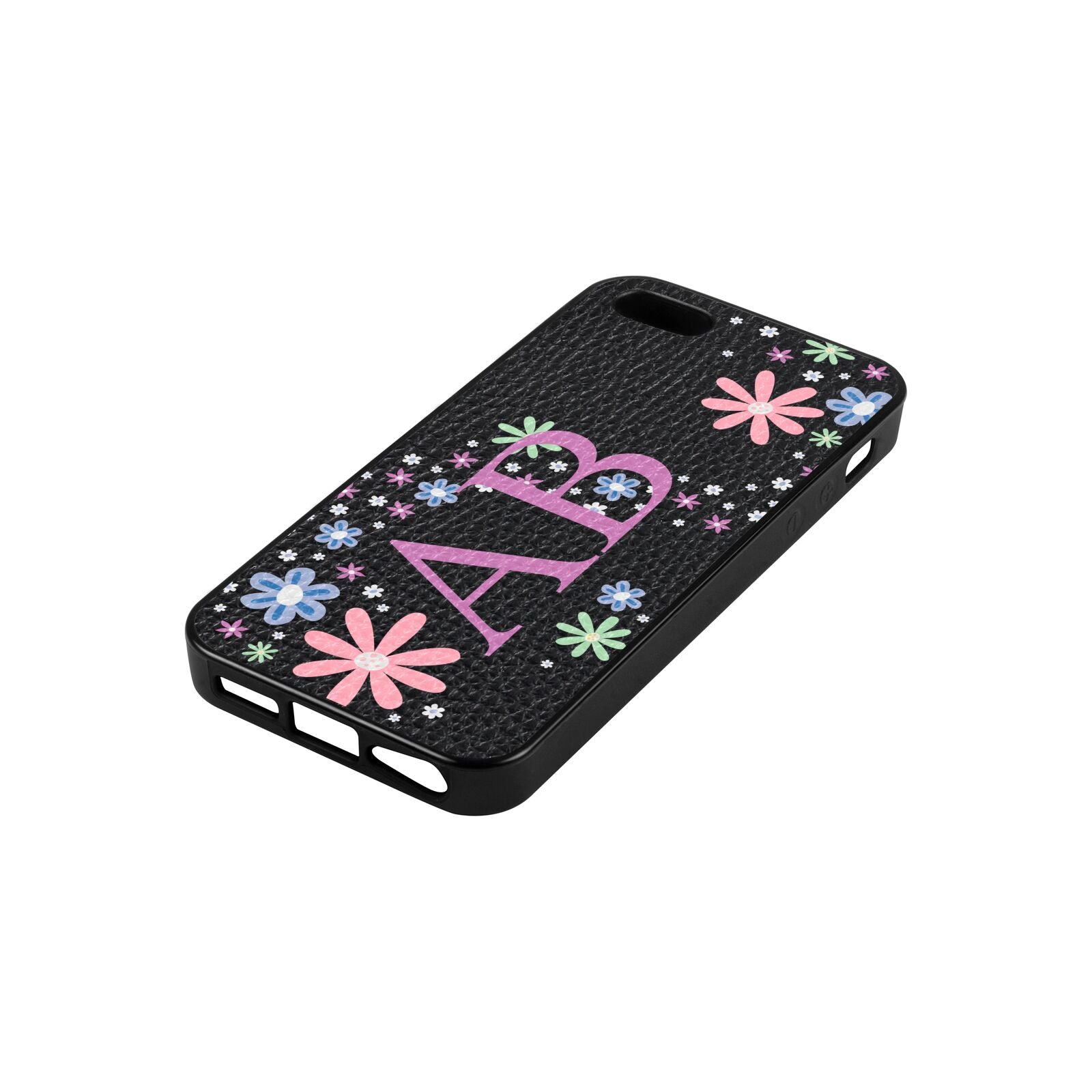 Personalised Floral Initials Black Pebble Leather iPhone 5 Case Side Angle