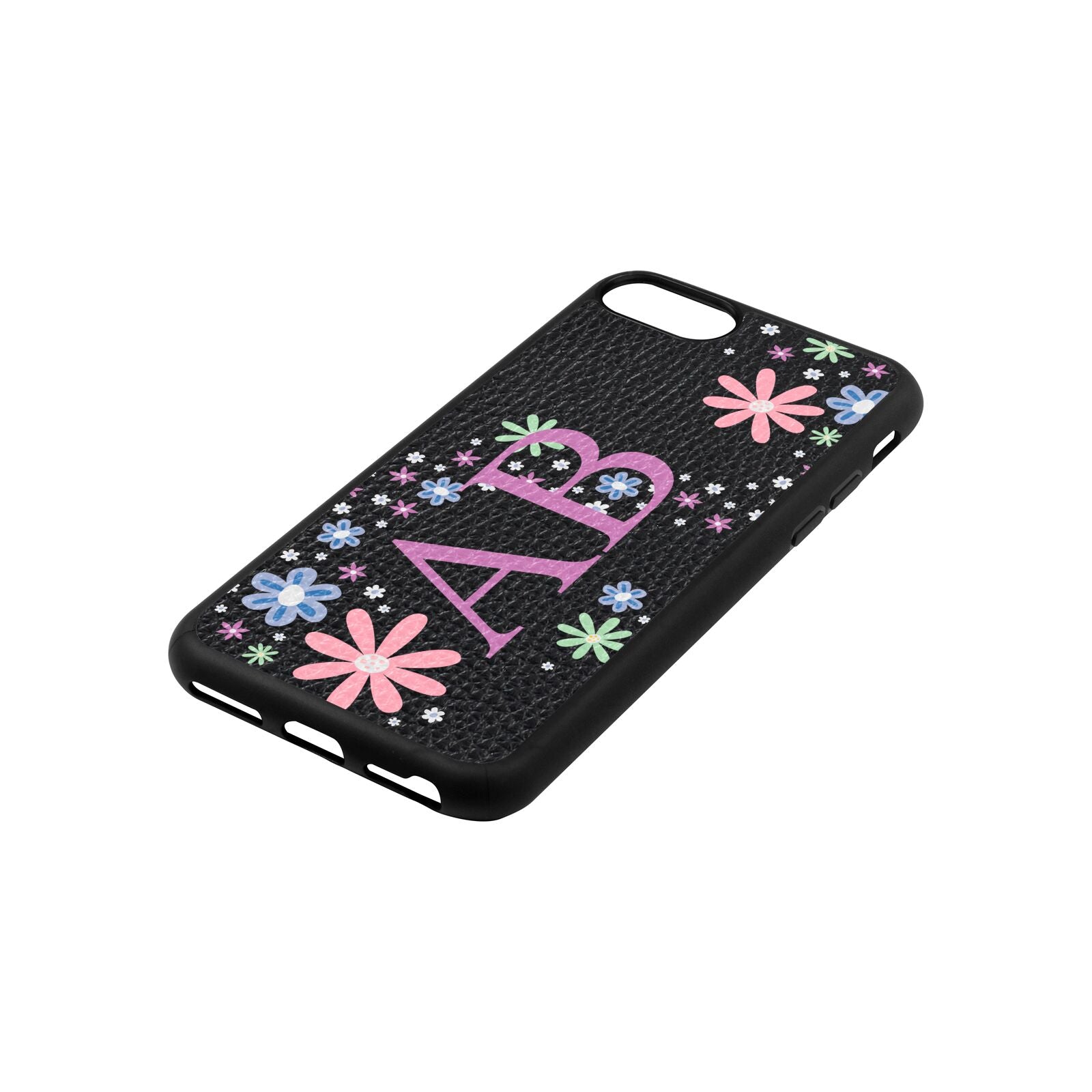 Personalised Floral Initials Black Pebble Leather iPhone 8 Case Side Angle