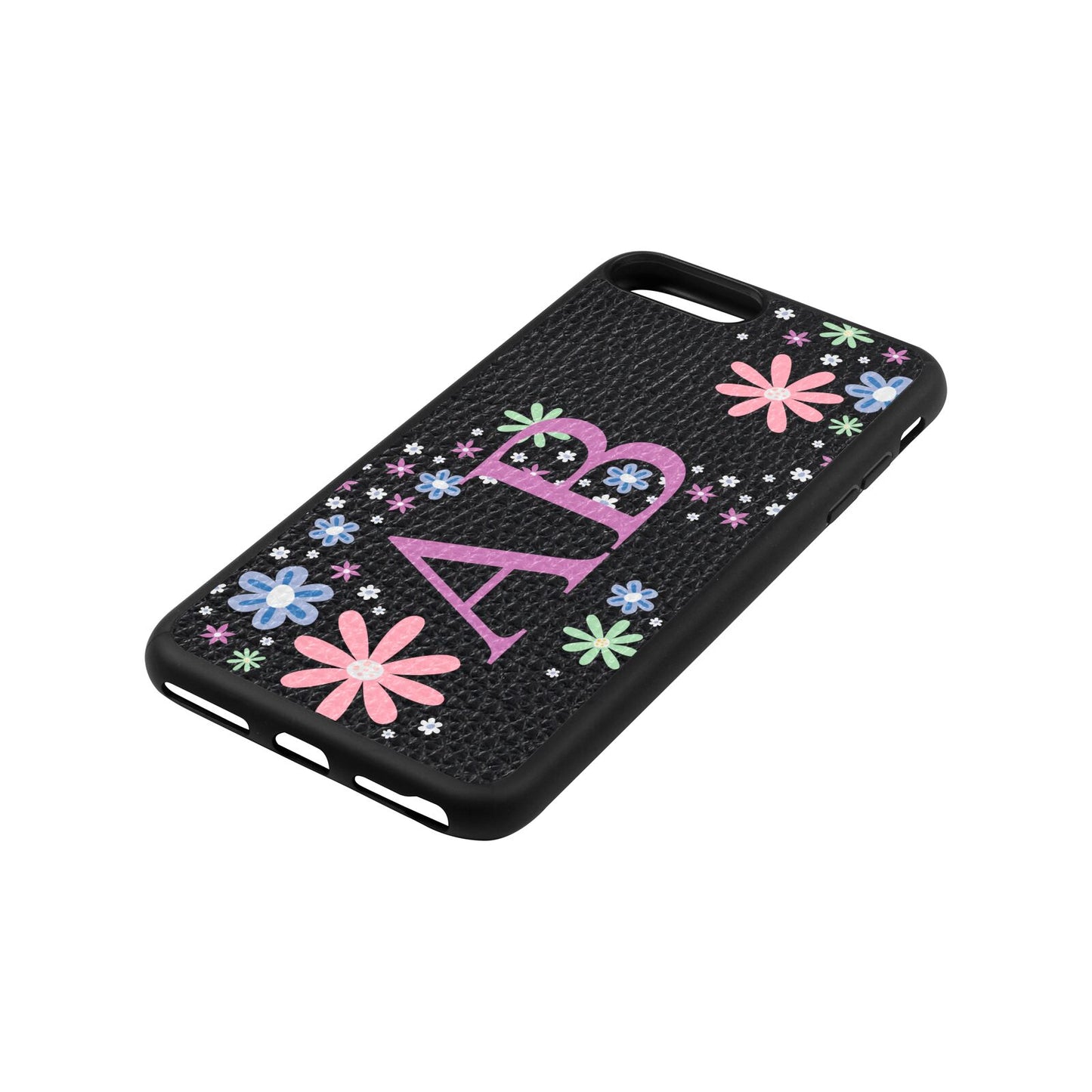 Personalised Floral Initials Black Pebble Leather iPhone 8 Plus Case Side Angle