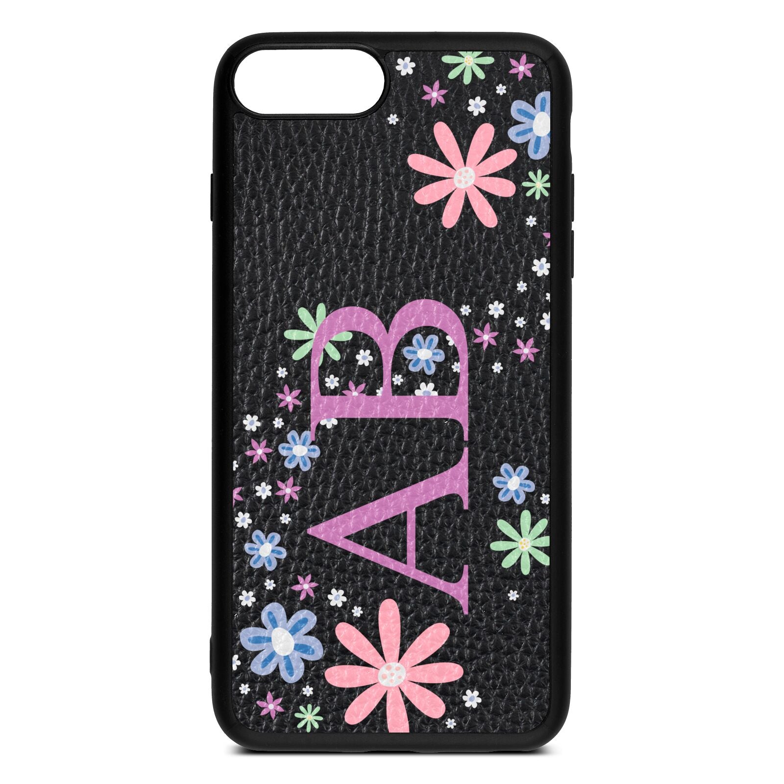 Personalised Floral Initials Black Pebble Leather iPhone 8 Plus Case