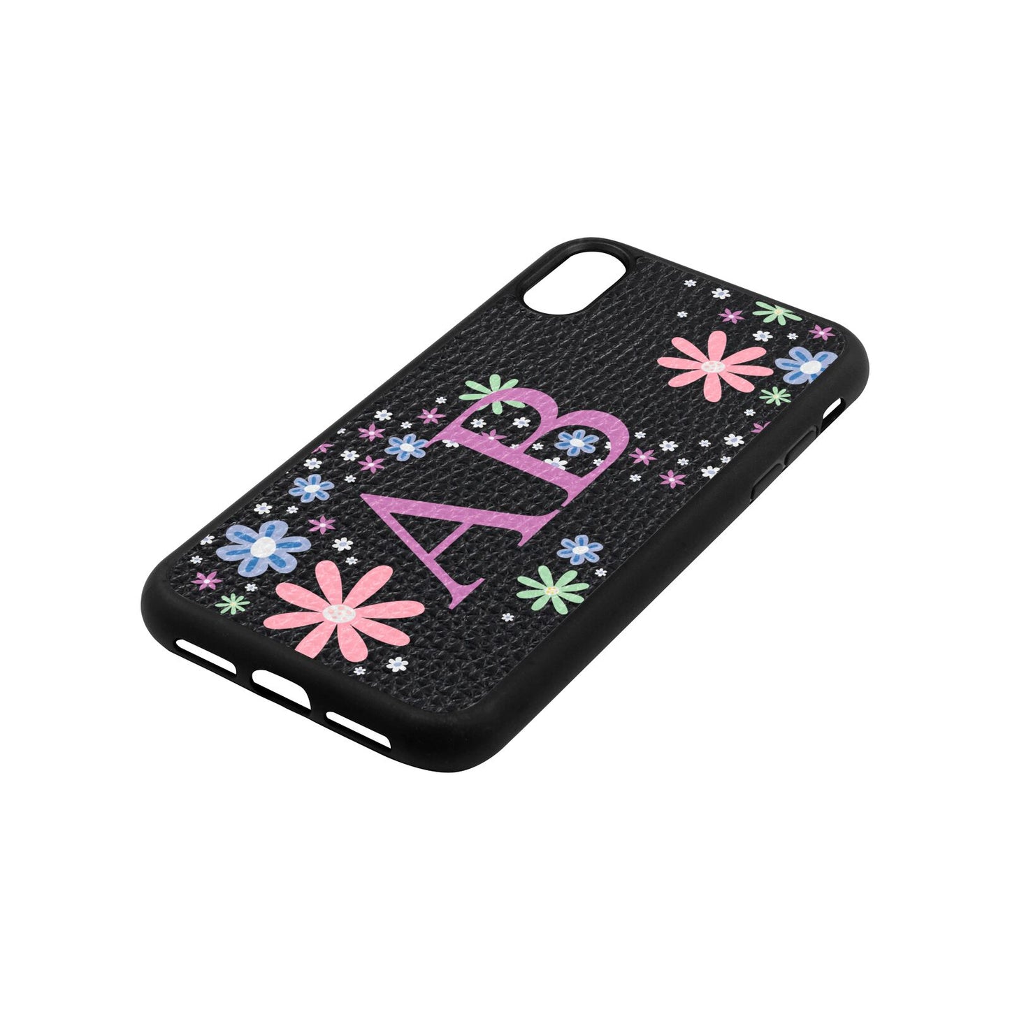 Personalised Floral Initials Black Pebble Leather iPhone Xr Case Side Angle