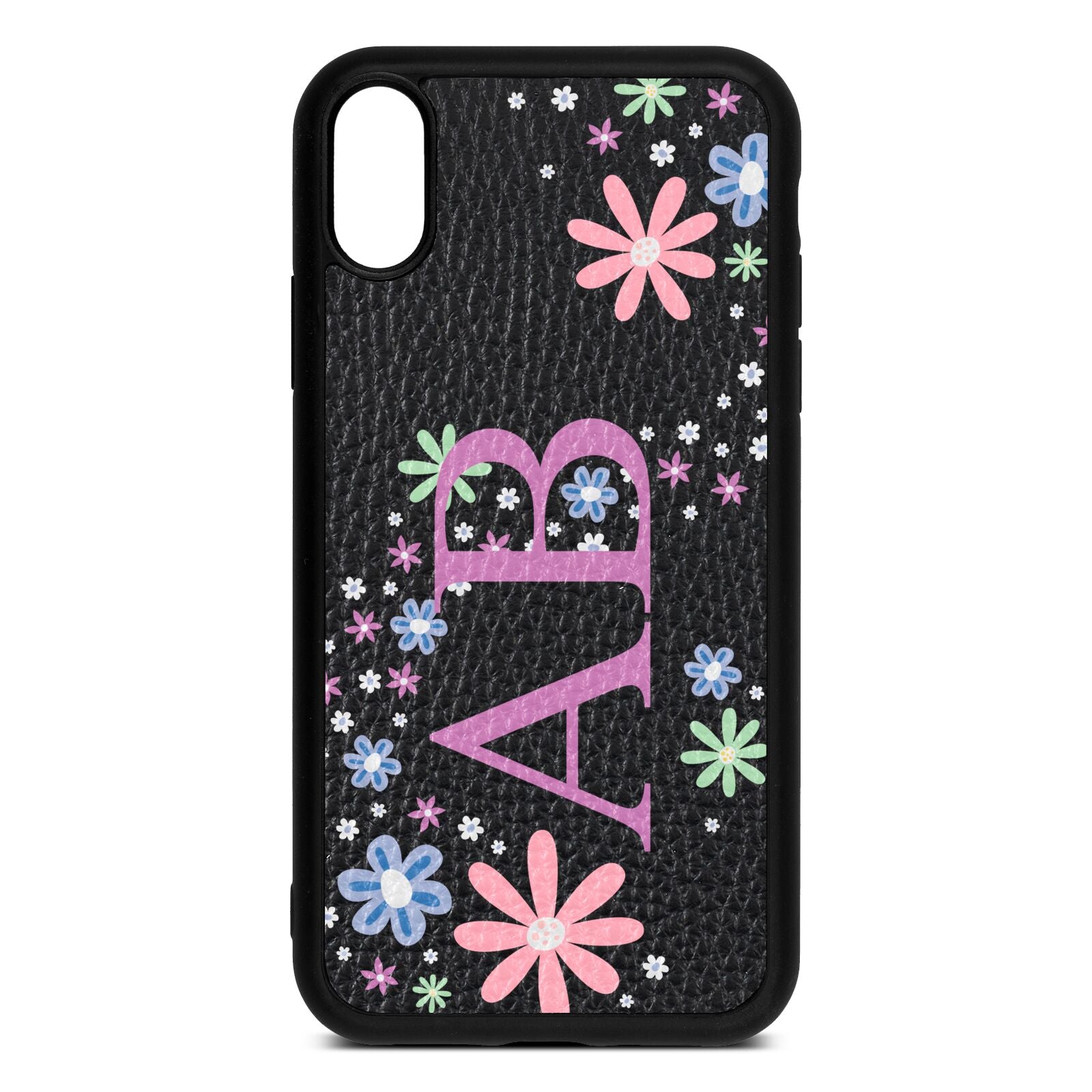 Personalised Floral Initials Black Pebble Leather iPhone Xr Case