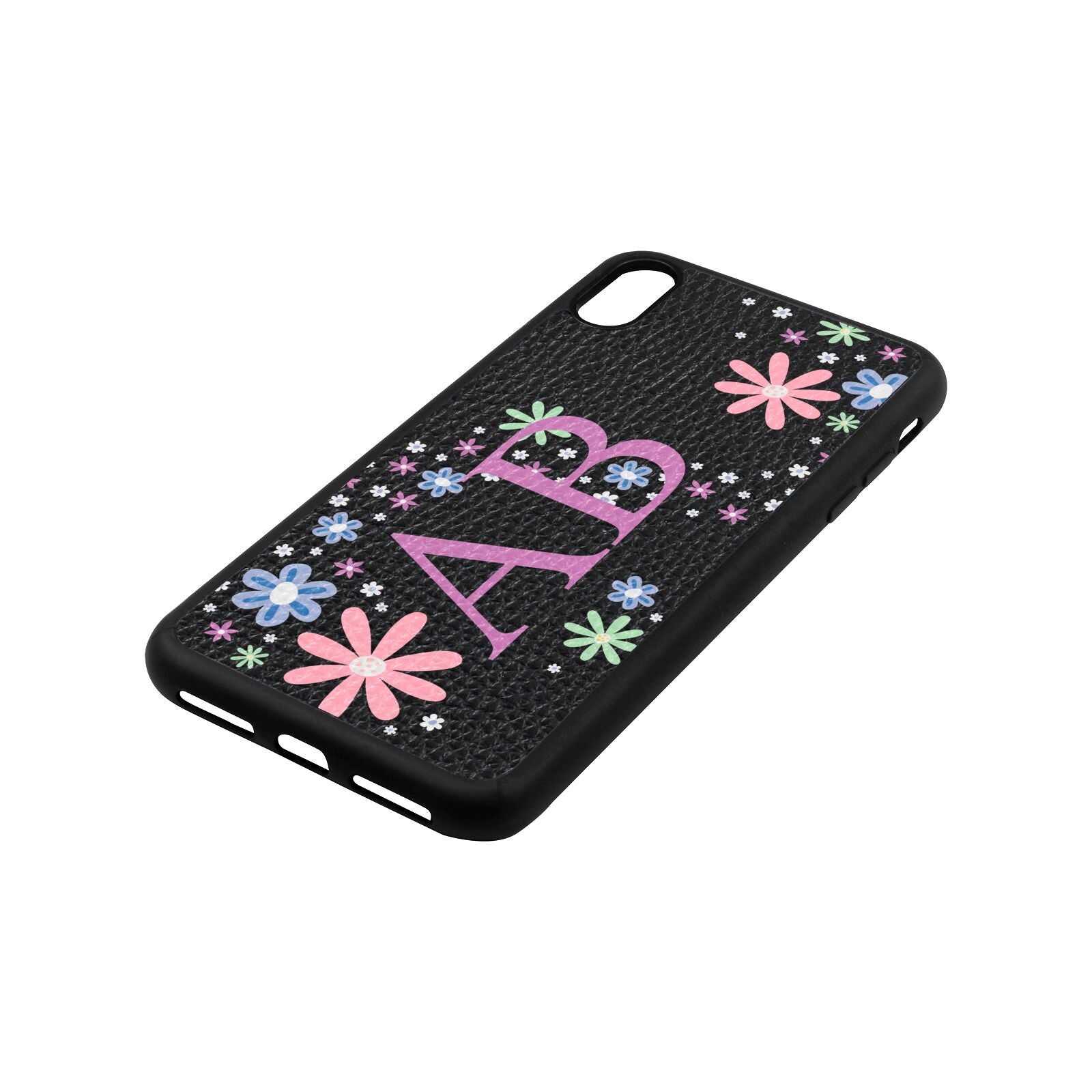 Personalised Floral Initials Black Pebble Leather iPhone Xs Max Case Side Angle