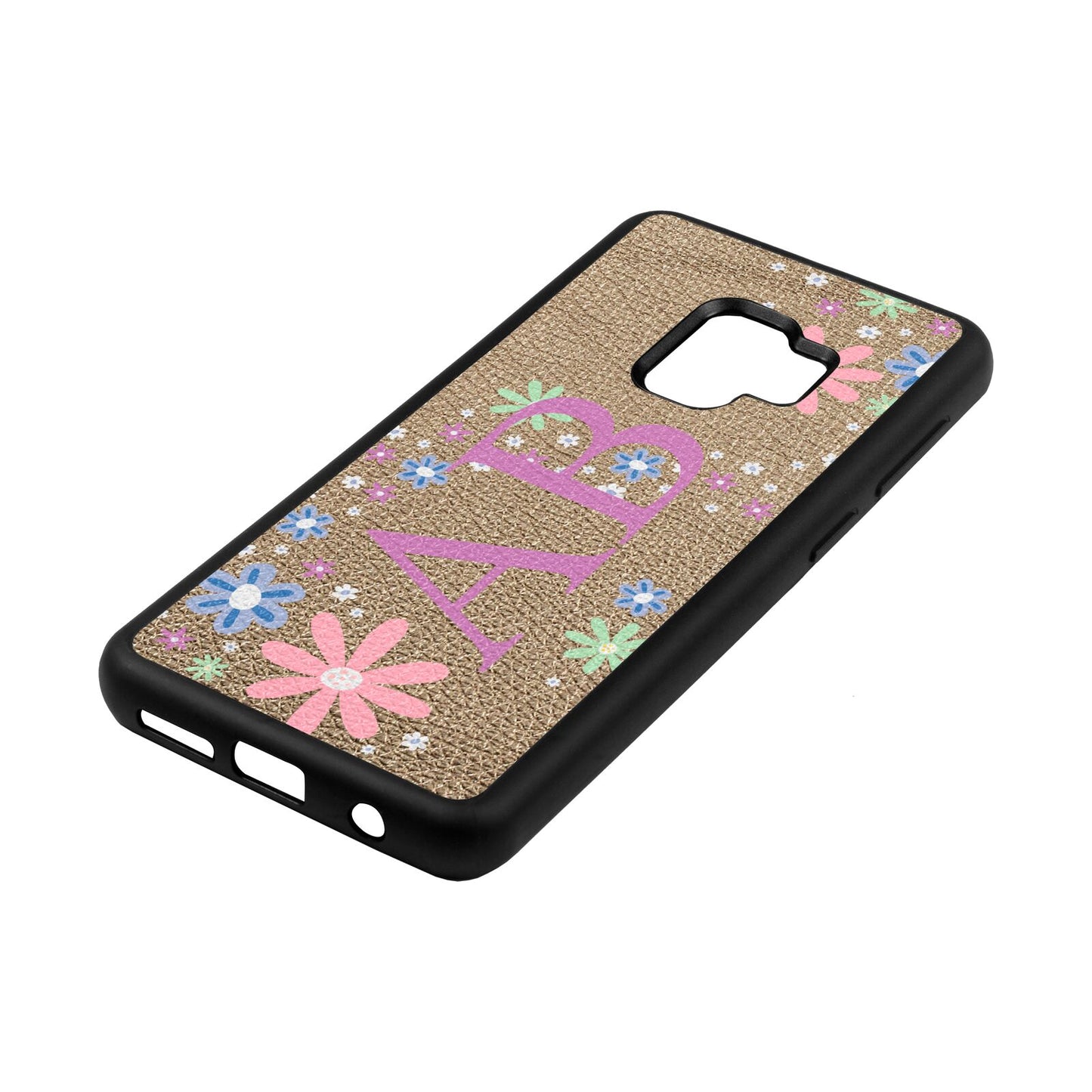 Personalised Floral Initials Gold Pebble Leather Samsung S9 Case Side Angle