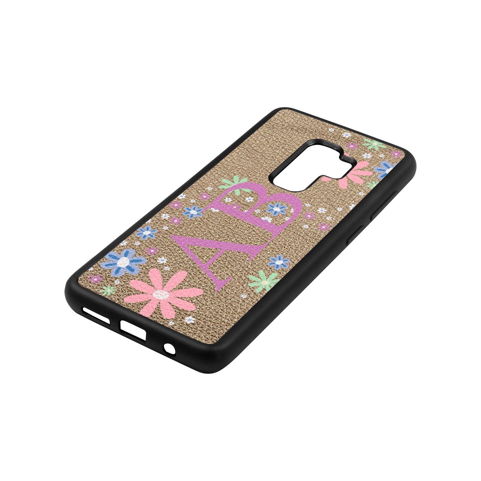 Personalised Floral Initials Gold Pebble Leather Samsung S9 Plus Case Side Angle