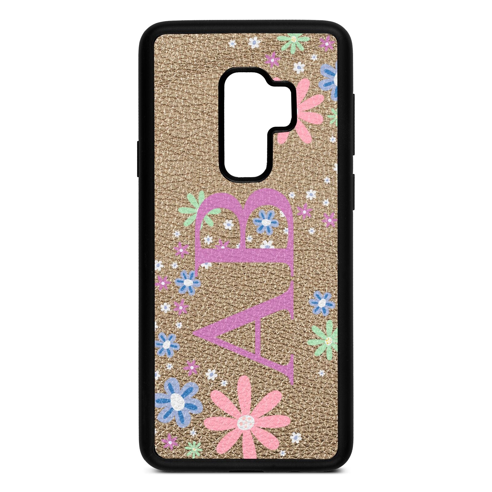 Personalised Floral Initials Gold Pebble Leather Samsung S9 Plus Case