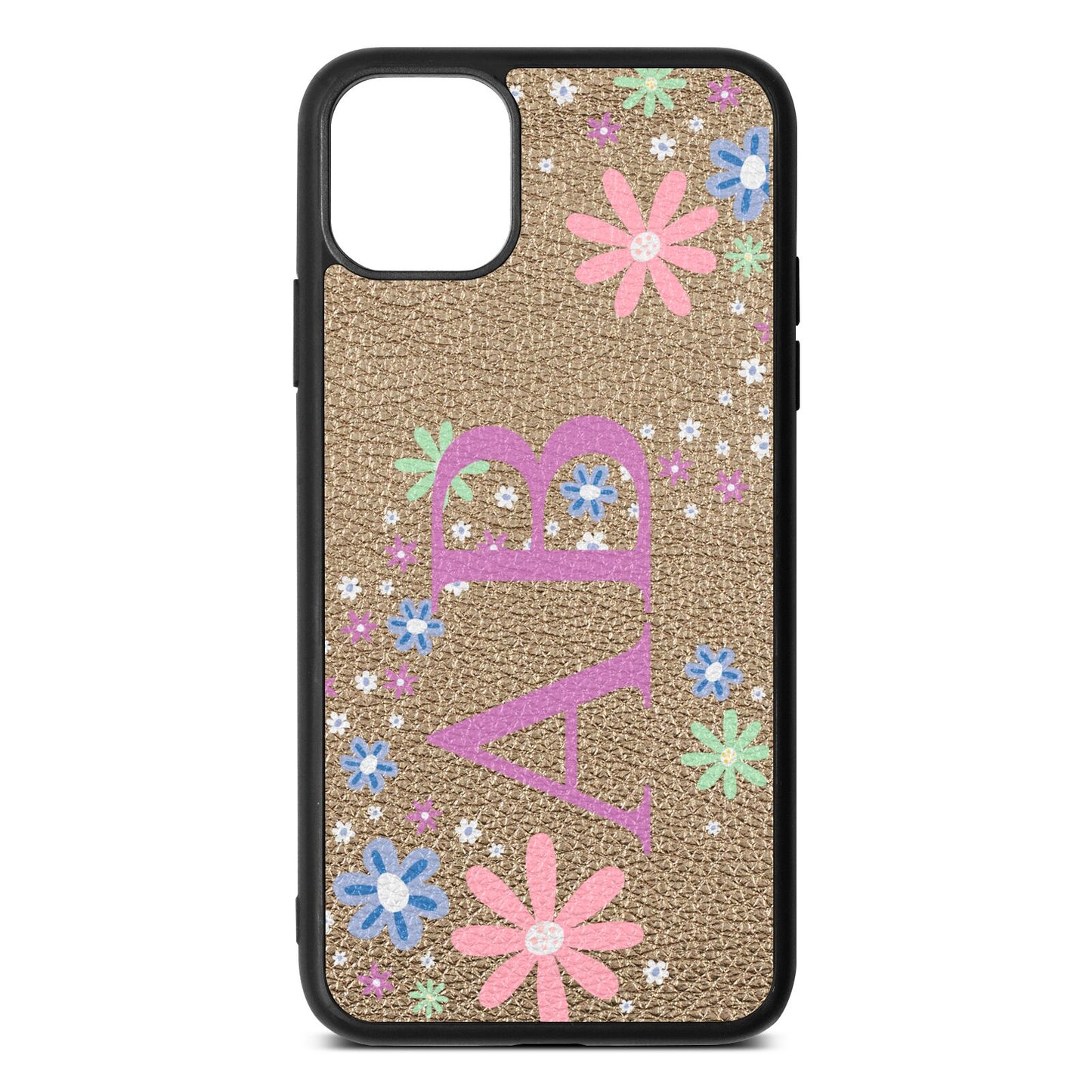 Personalised Floral Initials Gold Pebble Leather iPhone 11 Pro Max Case