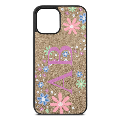 Personalised Floral Initials Gold Pebble Leather iPhone 12 Pro Max Case