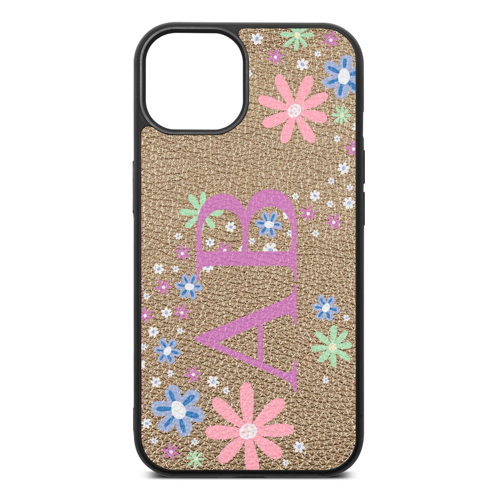 Personalised Floral Initials Gold Pebble Leather iPhone 13 Case