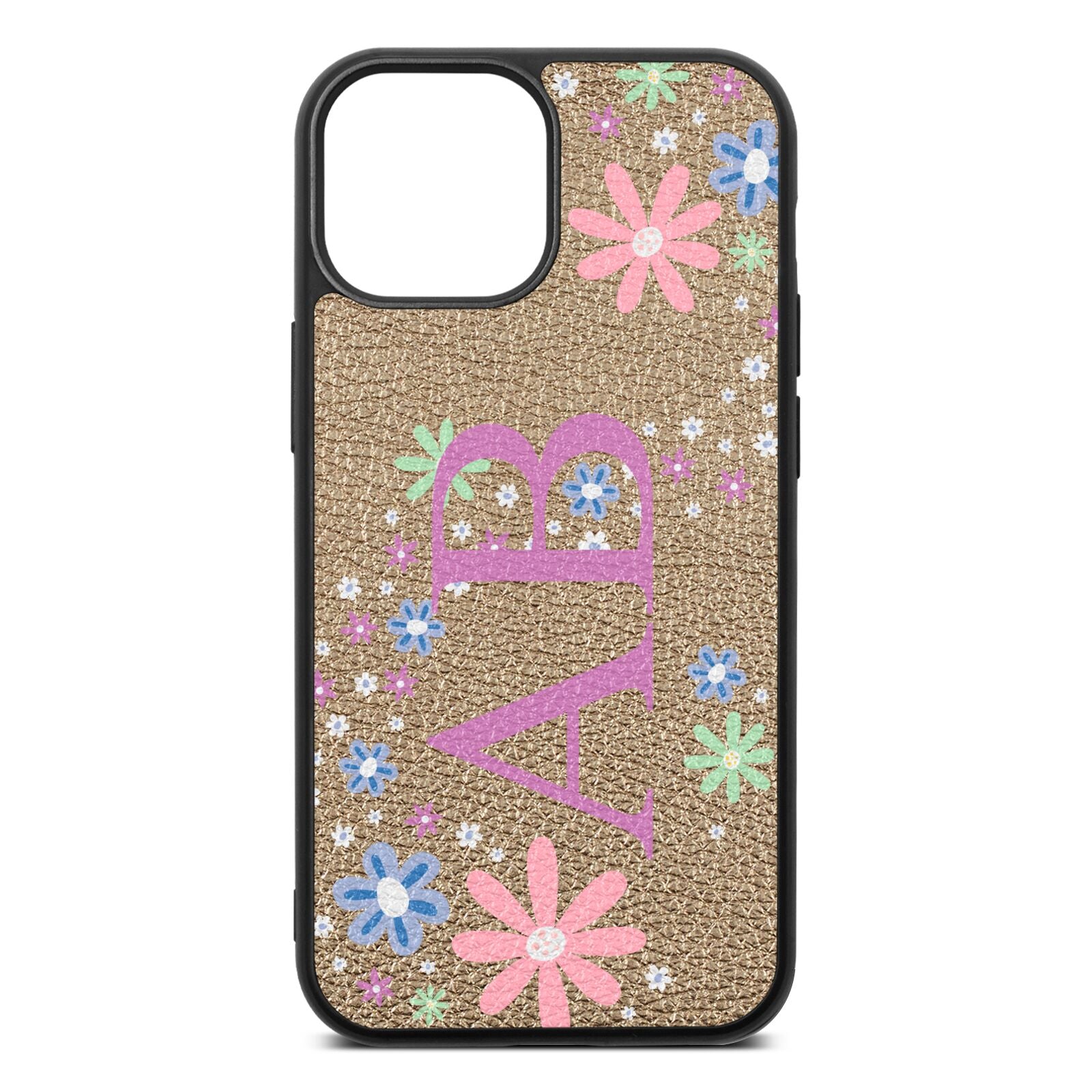 Personalised Floral Initials Gold Pebble Leather iPhone 13 Mini Case