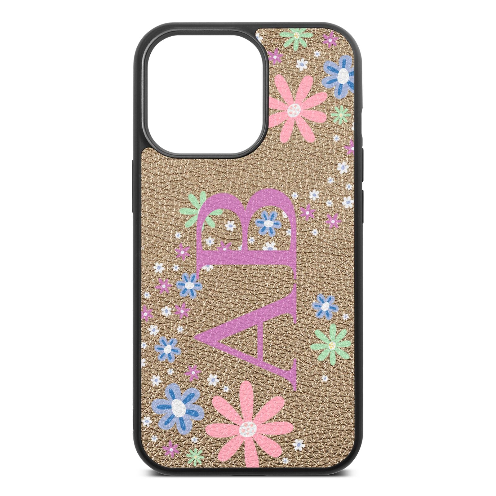 Personalised Floral Initials Gold Pebble Leather iPhone 13 Pro Case
