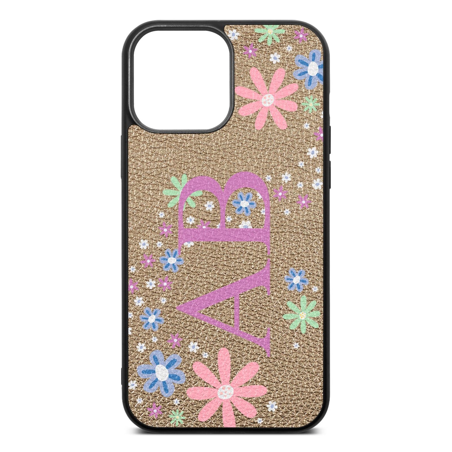Personalised Floral Initials Gold Pebble Leather iPhone 13 Pro Max Case