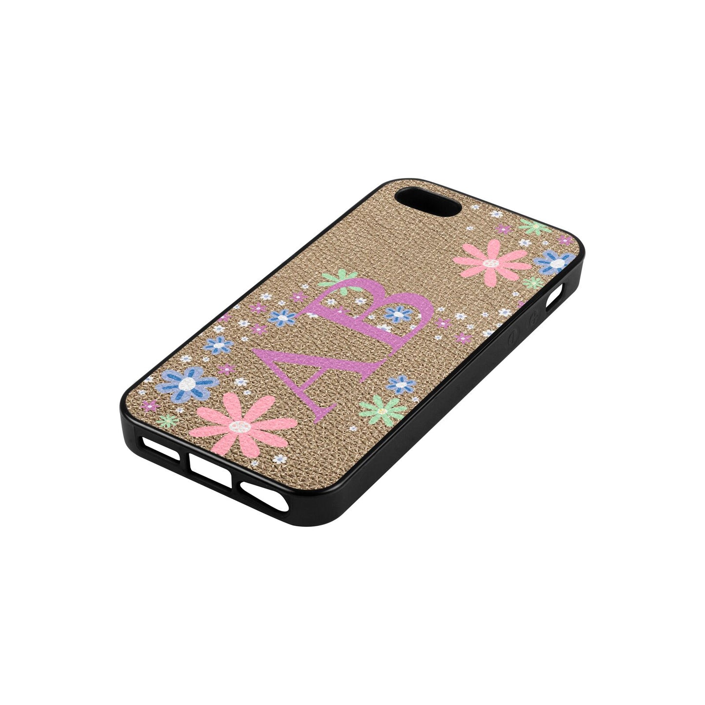Personalised Floral Initials Gold Pebble Leather iPhone 5 Case Side Angle