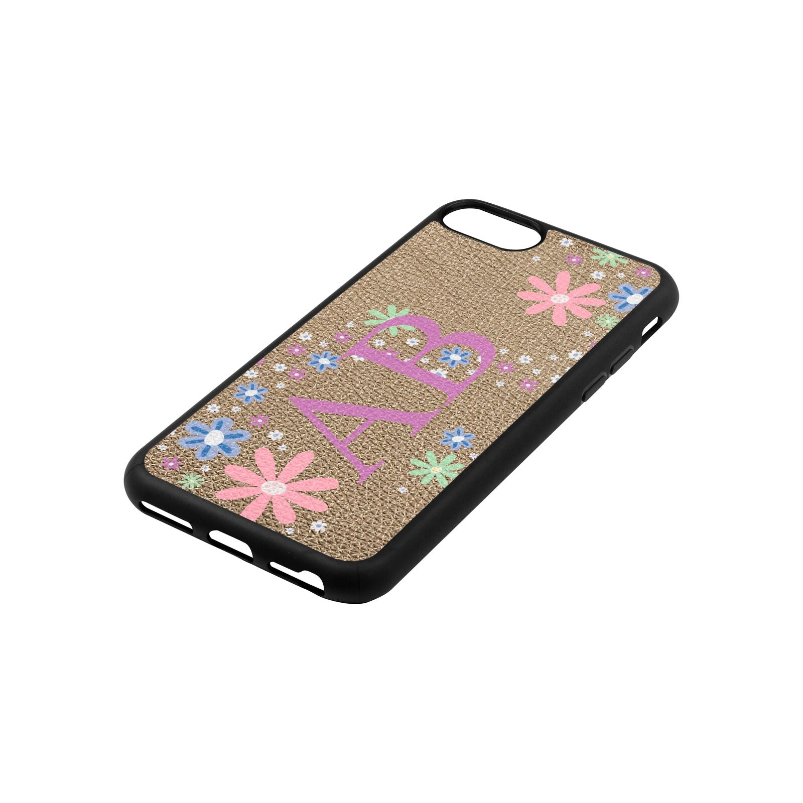 Personalised Floral Initials Gold Pebble Leather iPhone 8 Case Side Angle