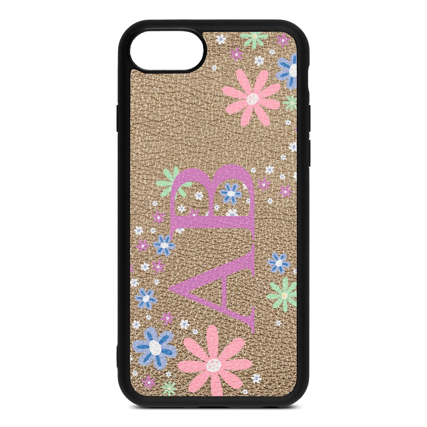 Personalised Floral Initials Gold Pebble Leather iPhone 8 Case