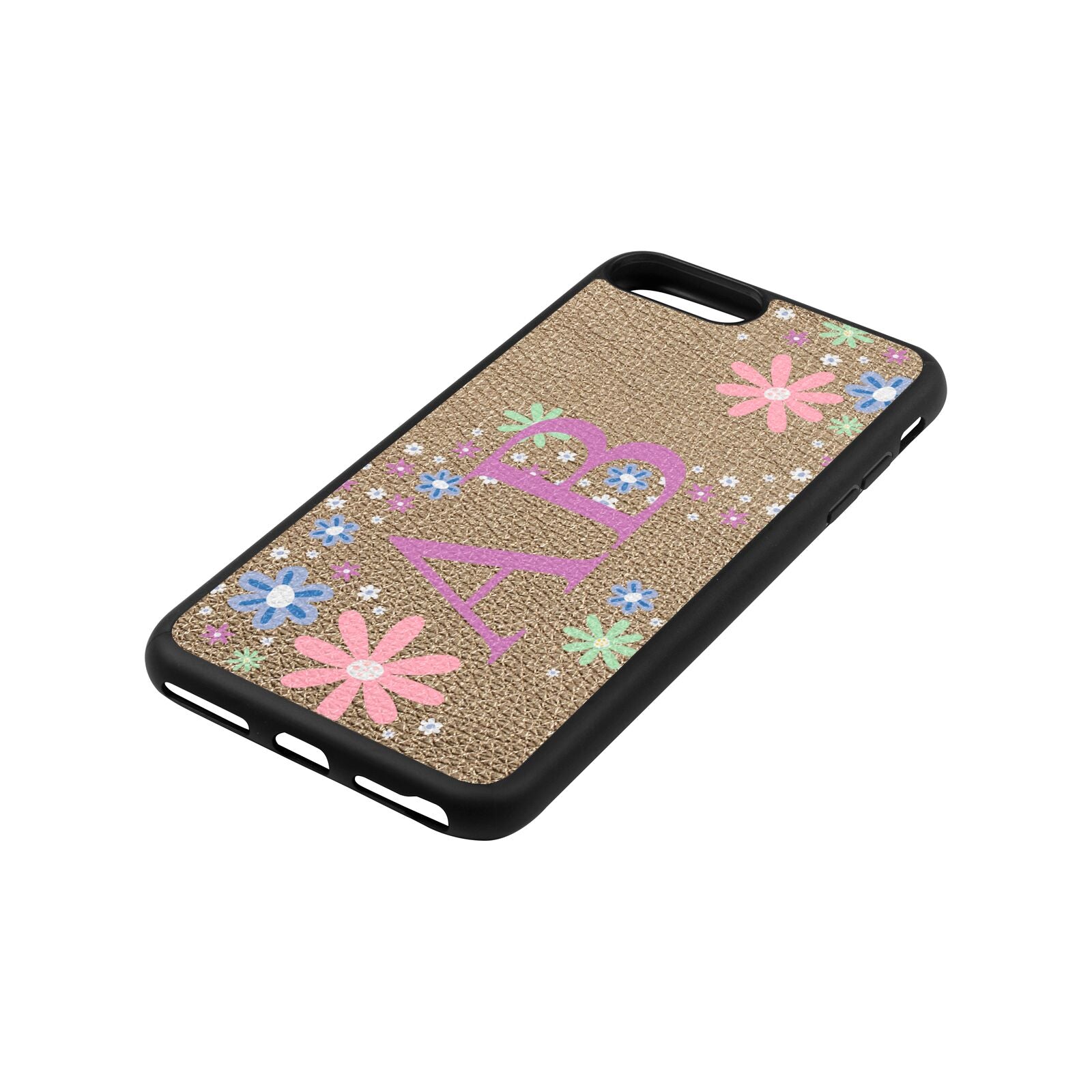Personalised Floral Initials Gold Pebble Leather iPhone 8 Plus Case Side Angle