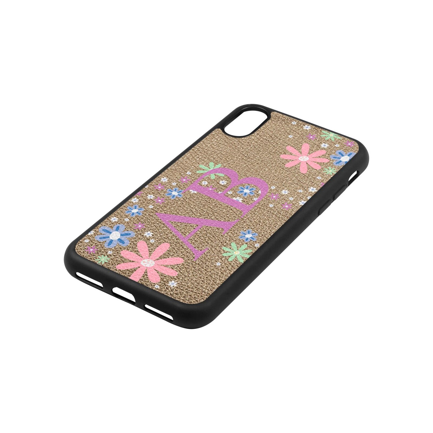 Personalised Floral Initials Gold Pebble Leather iPhone Xs Case Side Angle